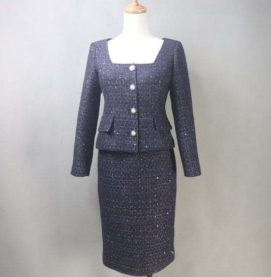 Step into elegance with our custom-made, sparkling navy tweed skirt suit! Perfectly tailored for plus sizes, this two-piece ensemble is designed for sophistication and flair. Adorned with shimmering sequins, the suit combines a classic square-neck jacket with a graceful long skirt, making it ideal for any formal occasion, holiday party, wedding, or evening event.