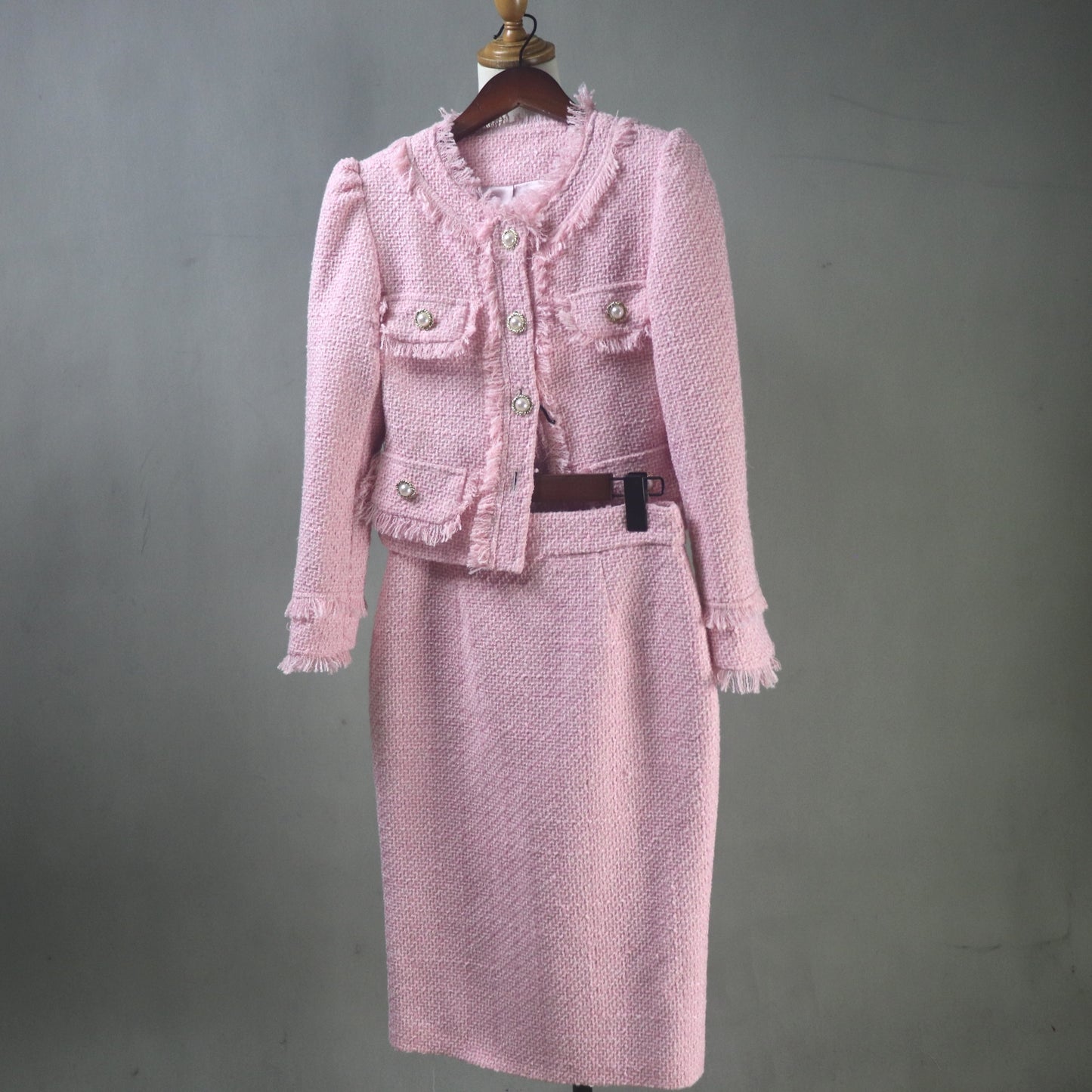 Custom Made Pink Tweed Skirt Suit Women | Puff Sleeves | Any Size - Fashion Pioneer 