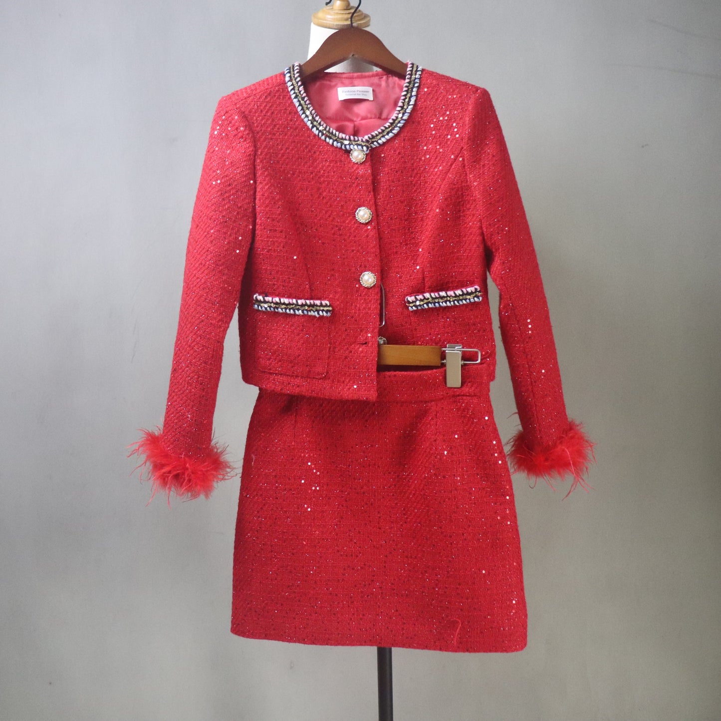 Red Sequin Tweed Skirt Suit with Feather Cuffs – Custom Handmade Women’s Two-Piece Outfit