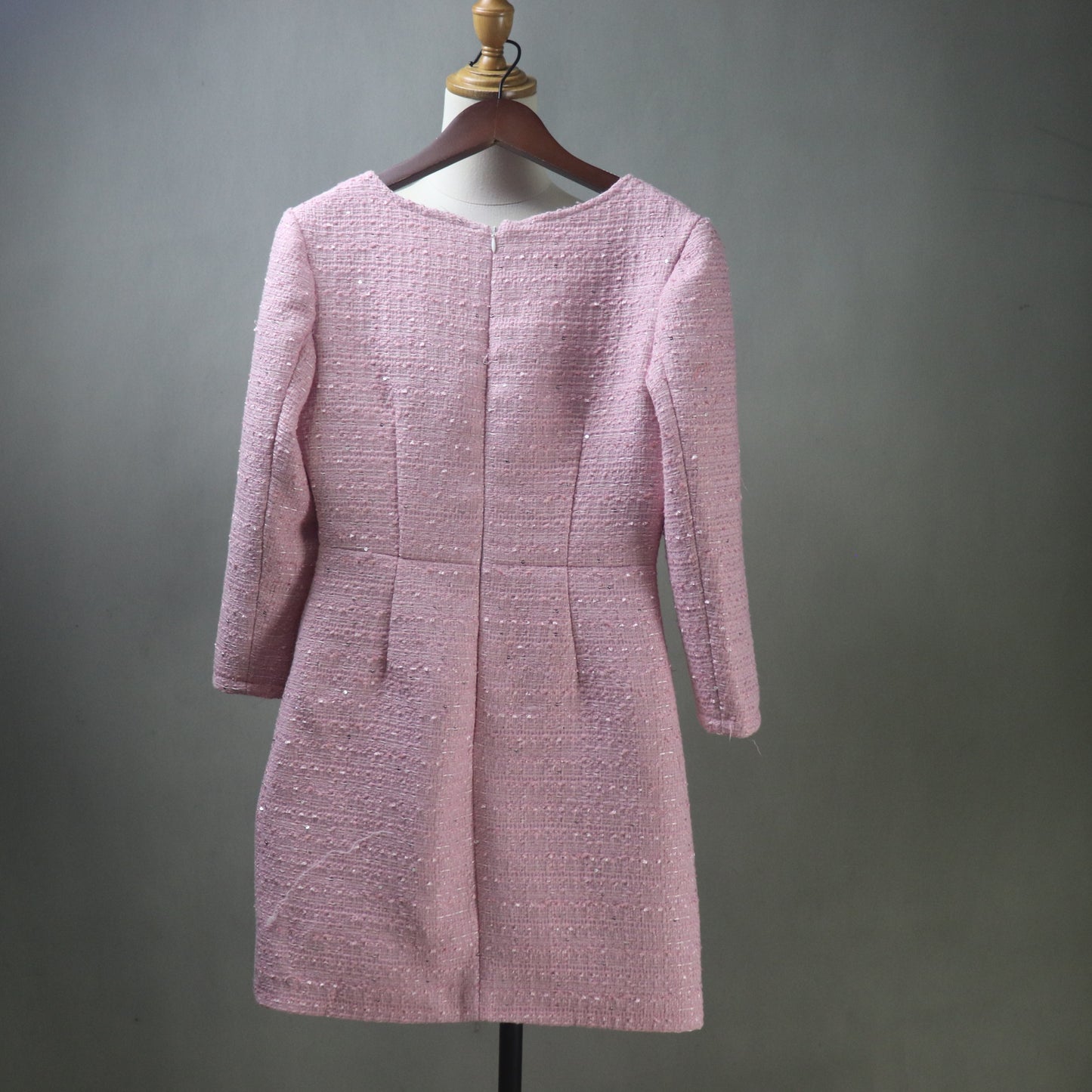 Custom Pink Tweed Dress – Made to Order Square Neck Shift with Crystal Buttons & Sequins