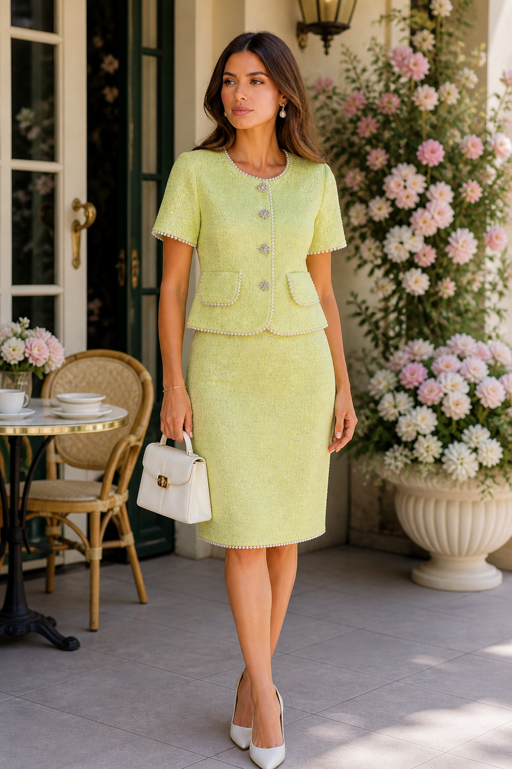 Woman in a light yellow dress standing in an outdoor setting with flowers and a table.