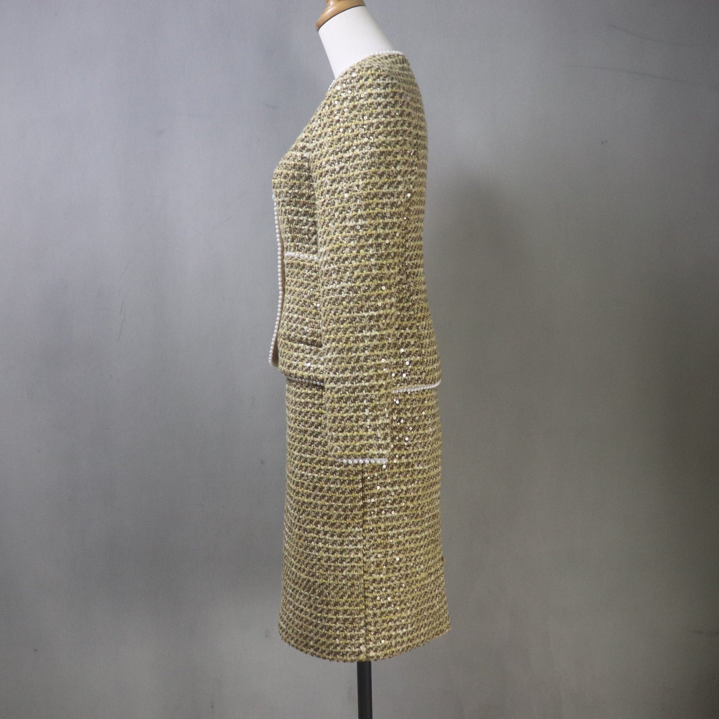 Gold Yellow Brown Tweed Skirt Suit with Sequins, Pearl Trim & Buttons – Custom Made, Any Length