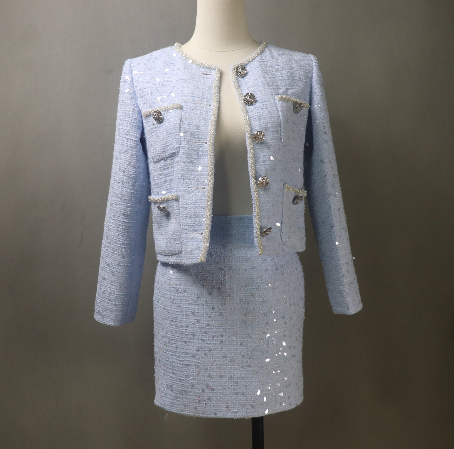 Bespoke Blue Tweed Skirt Suit with Big Sequins