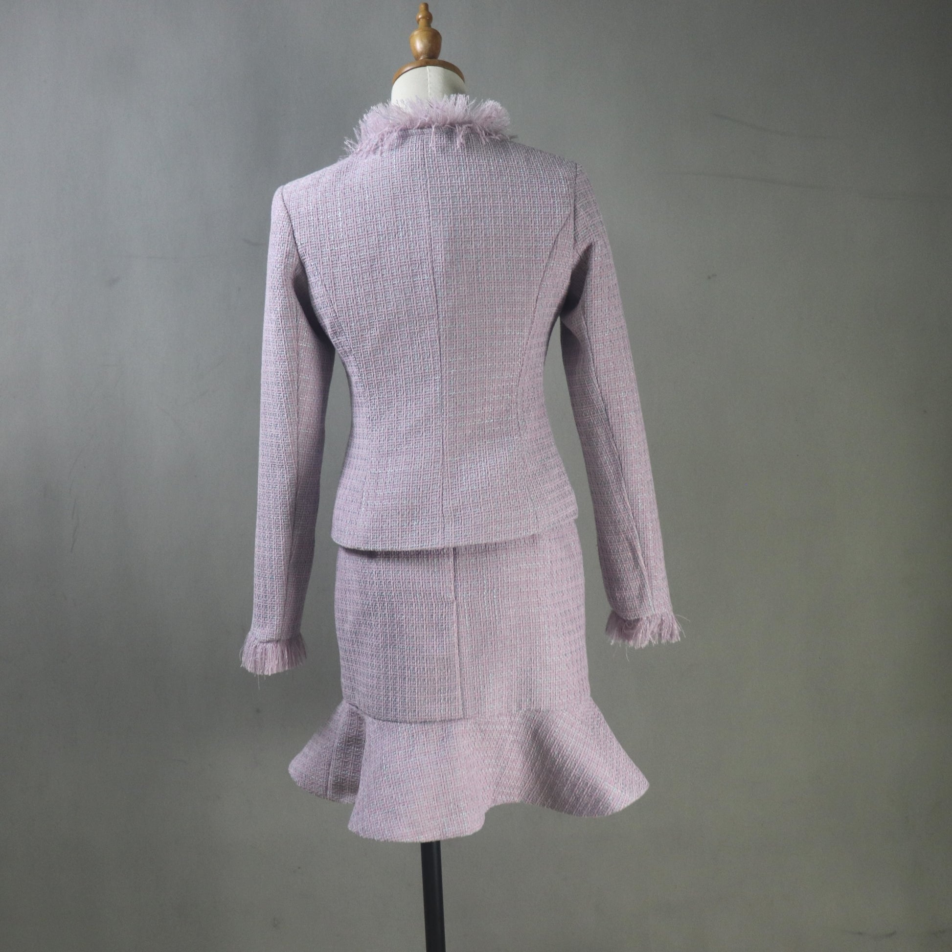 Custom Made Purple Tweed Skirt Suit Women | Fringe Trim | Any Shape / Length Skirt - Fashion Pioneer 