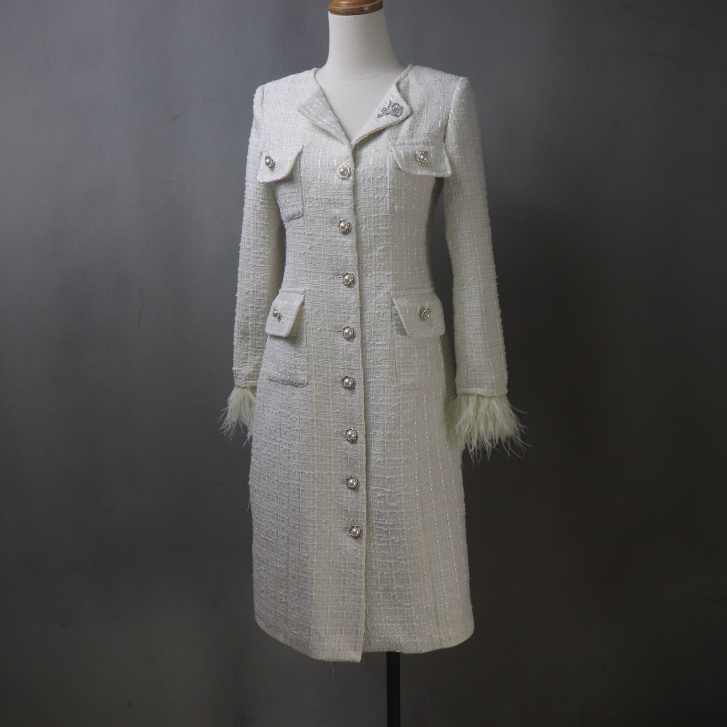 Luxurious Custom Tweed White Overcoat - Made-to-Measure Winter Jacket, Feather Trim, All Sizes and Any Length