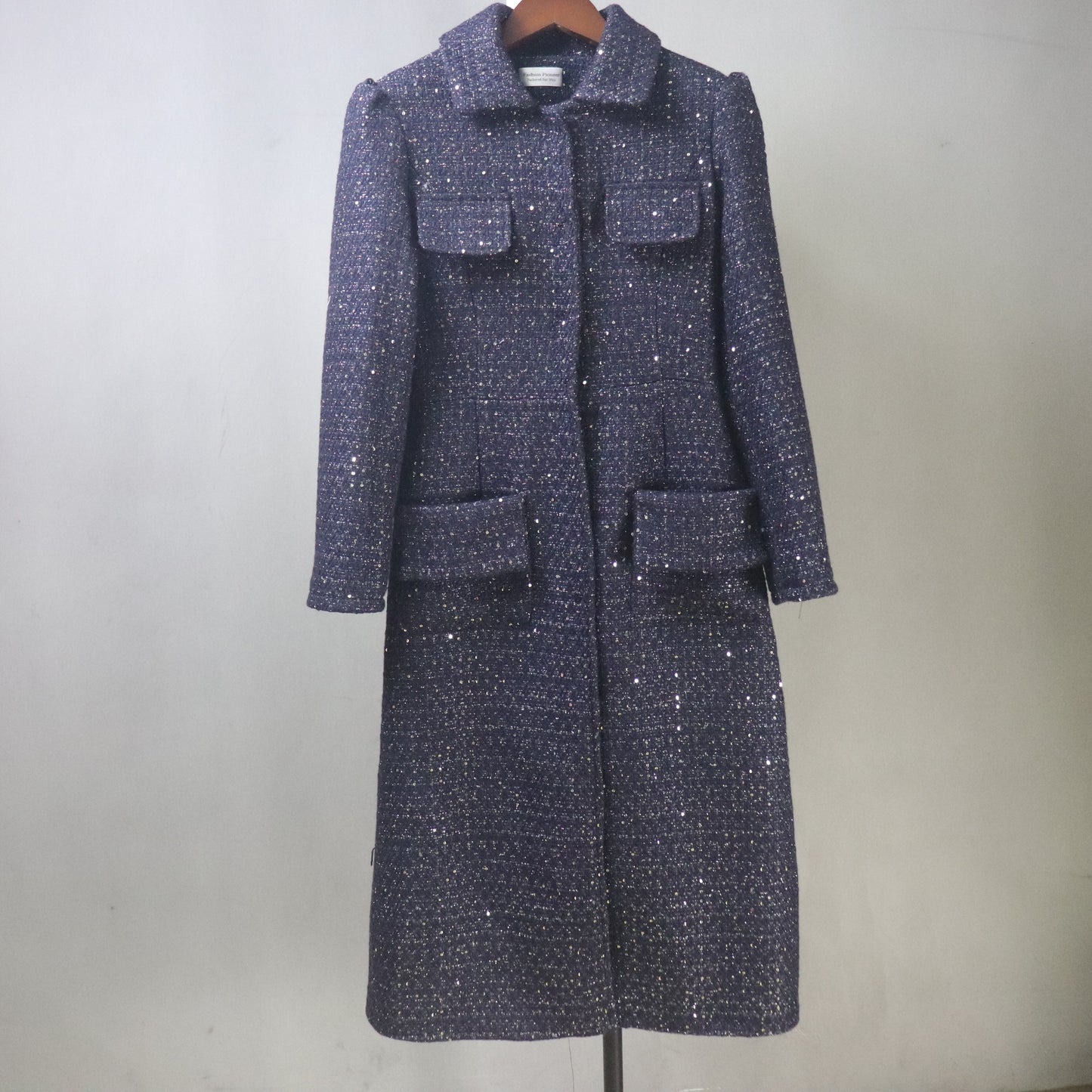 Navy Sequinned Tweed Dress and Long Coat Set, Made-to-Measure, Any length