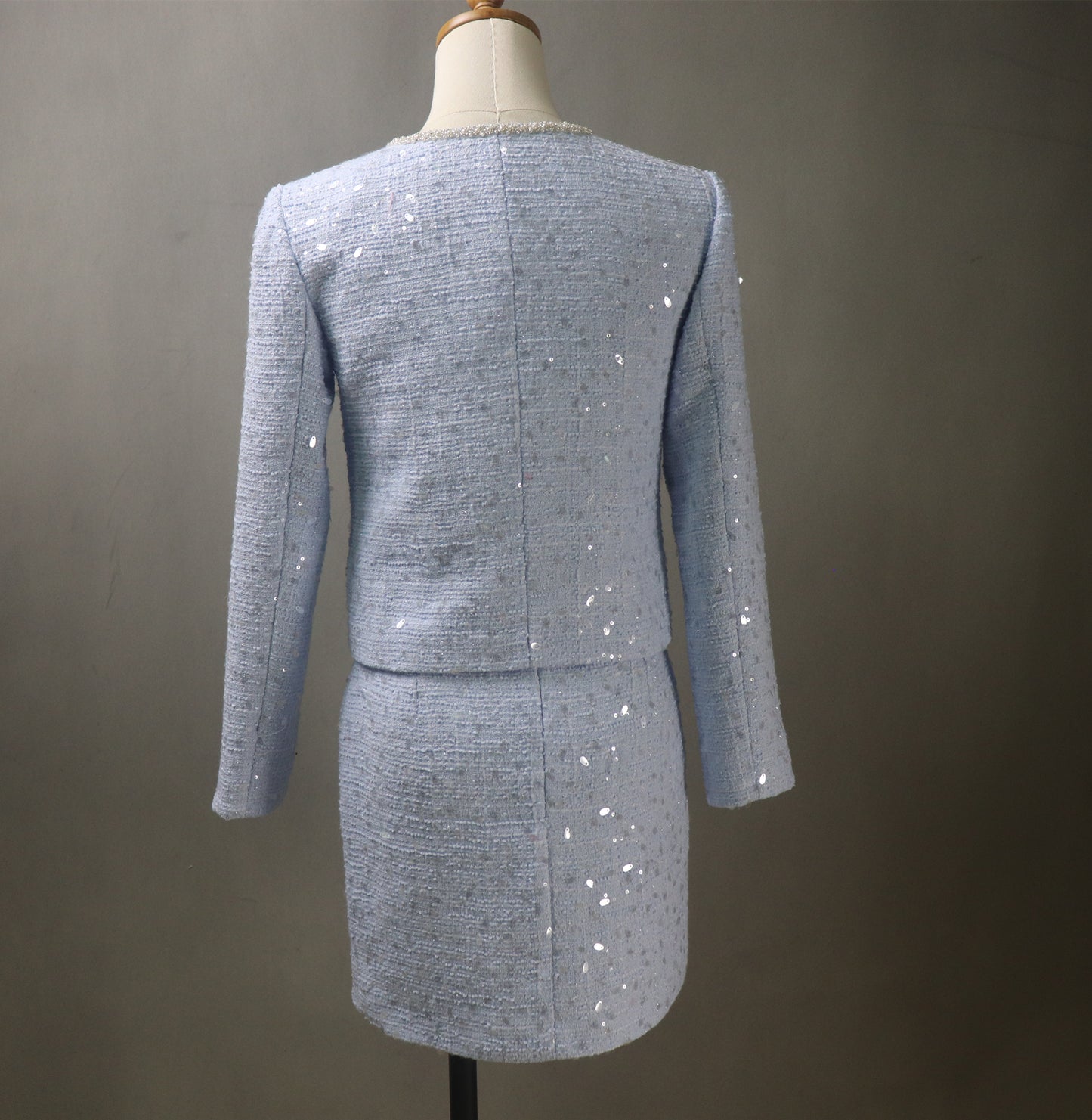 Bespoke Blue Tweed Skirt Suit with Big Sequins