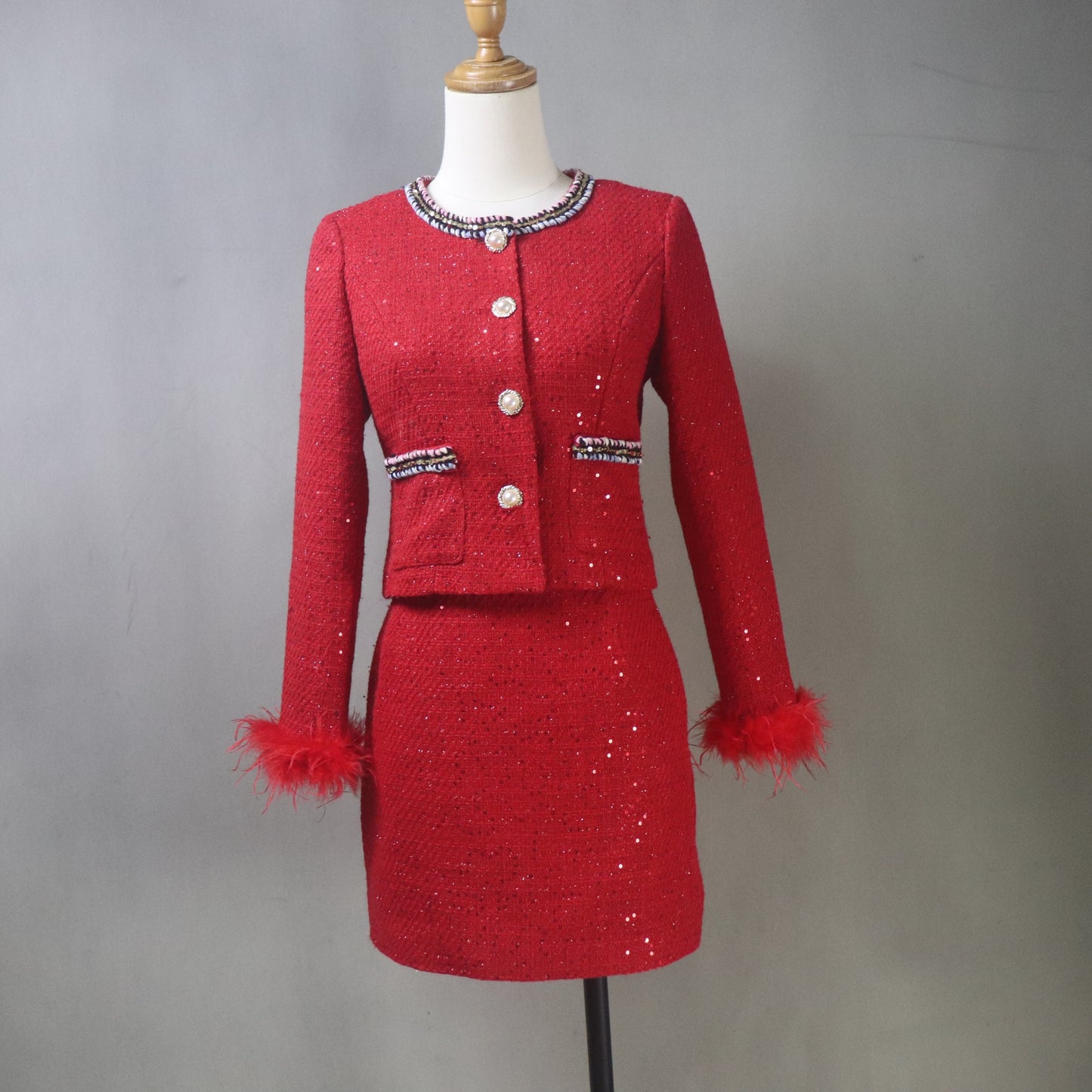 Red Sequin Tweed Skirt Suit with Feather Cuffs – Custom Handmade Women’s Two-Piece Outfit