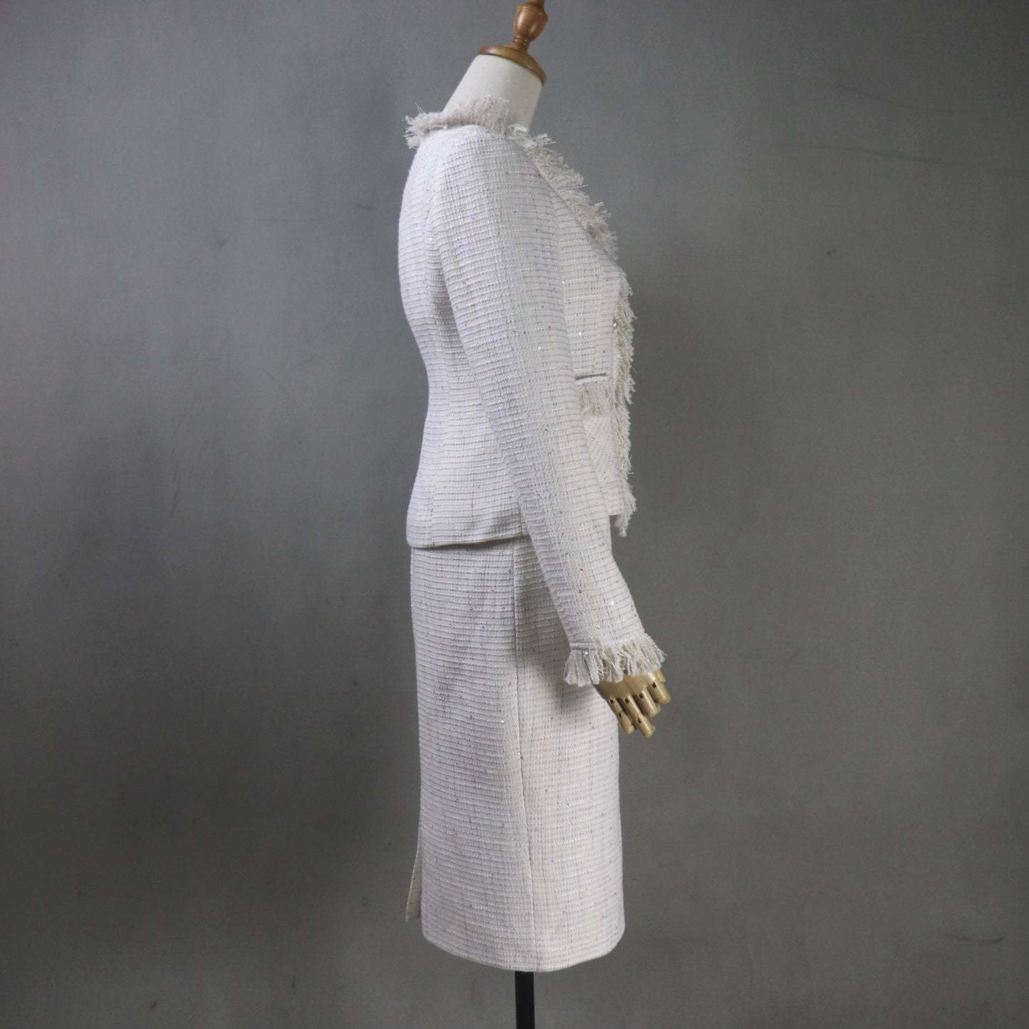 Custom Made Cream White Sequinned Tweed Skirt Suit Set, Any Size - Fashion Pioneer 