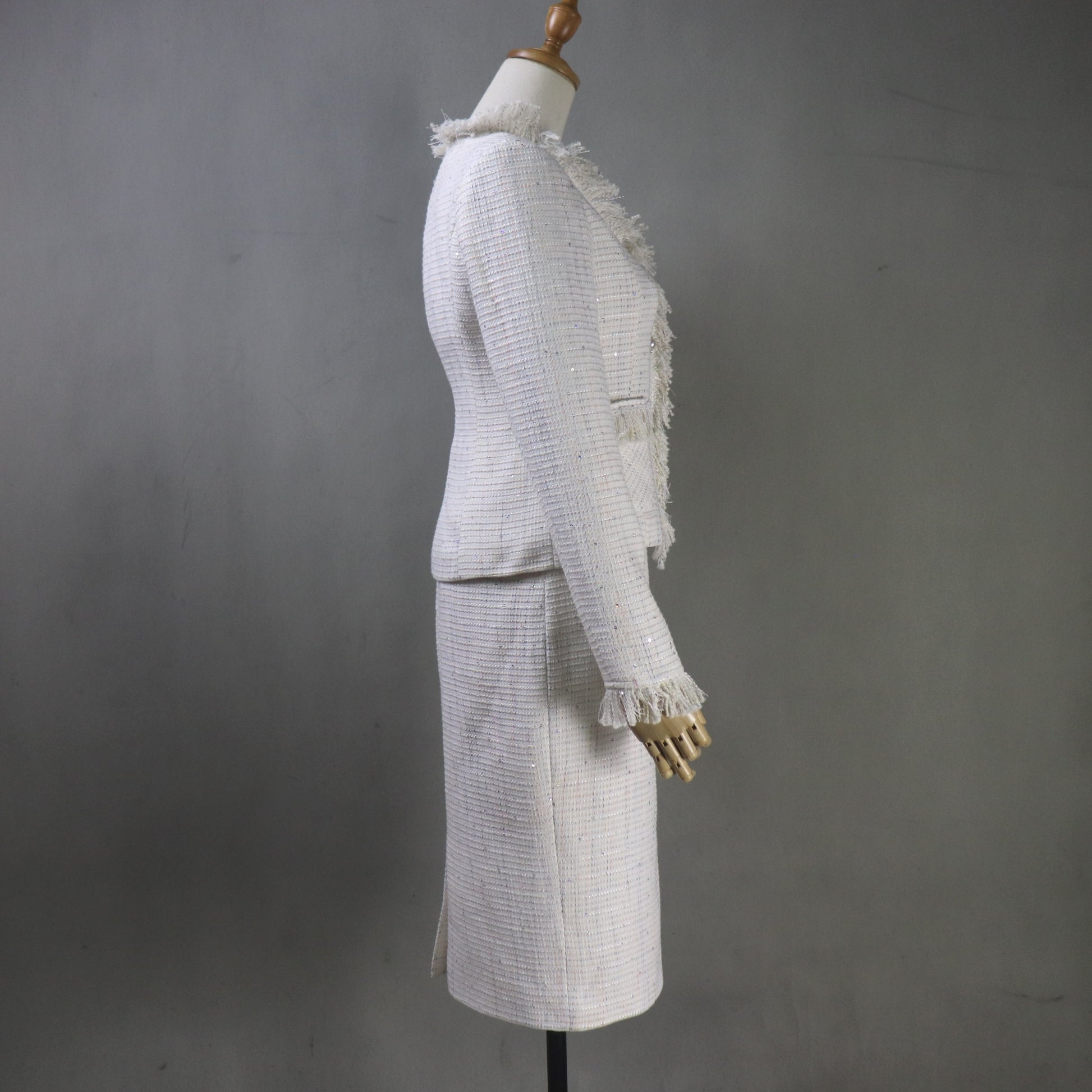 Custom Made Cream White Sequinned Tweed Skirt Suit Set, Any Size - Fashion Pioneer 