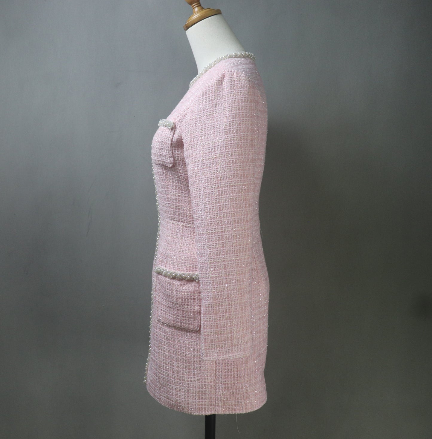 Pink Tweed Dress with Pearls Trim