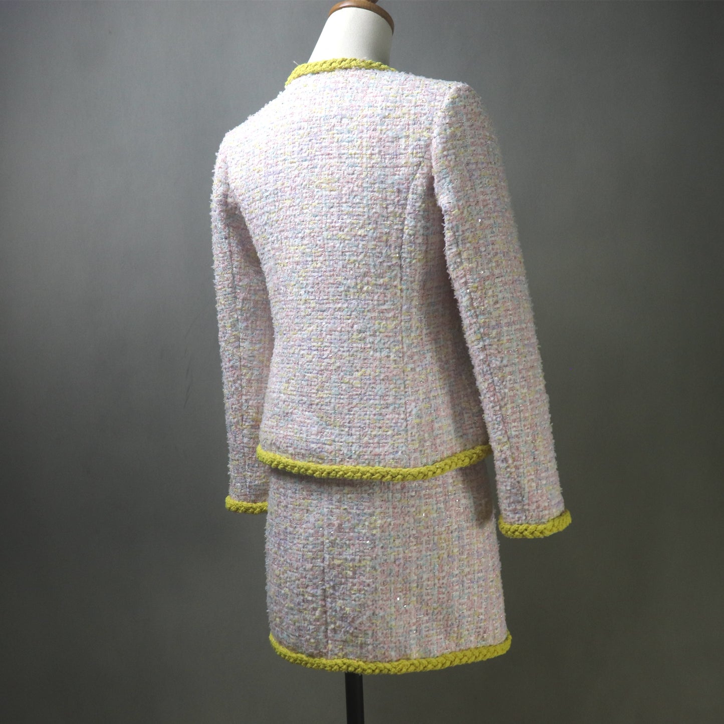 Pink Yellow Tweed Skirt Suit with Sequins