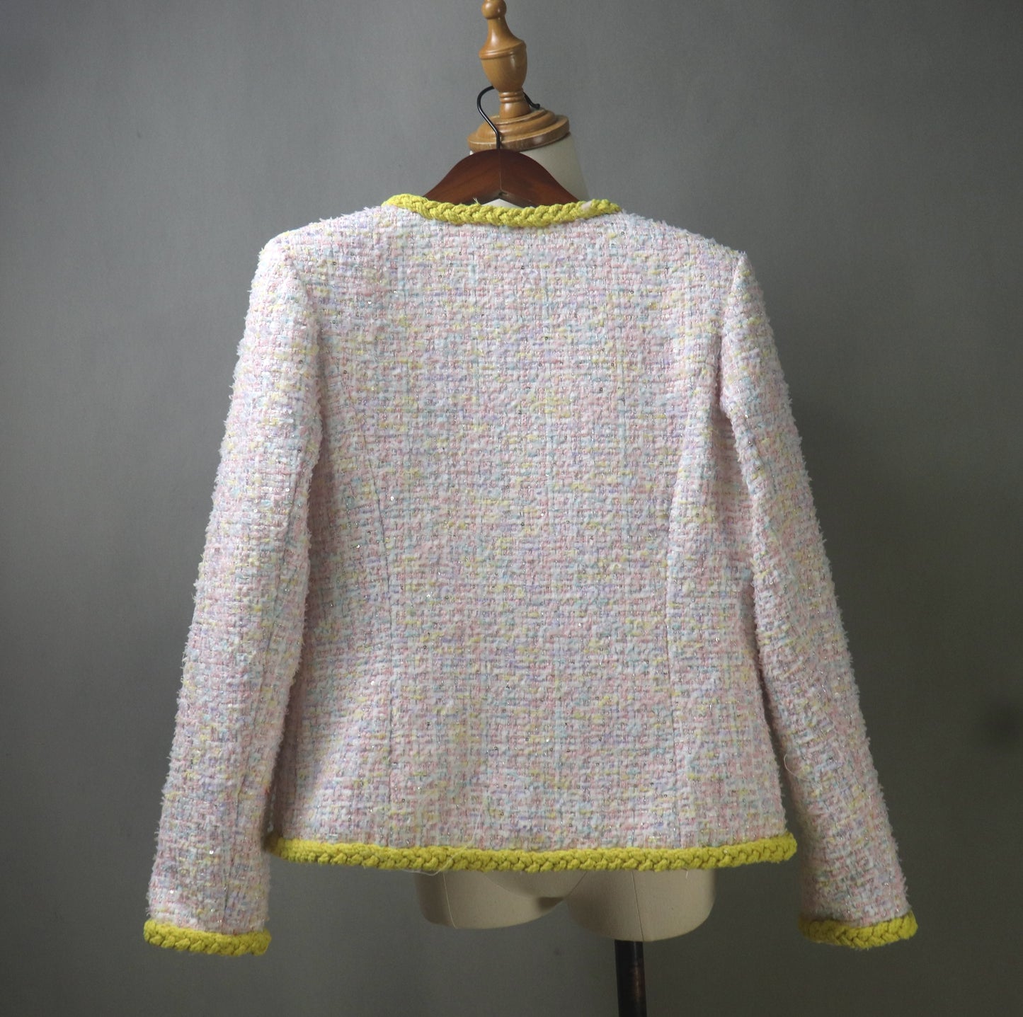 Pink Yellow Tweed Skirt Suit with Sequins