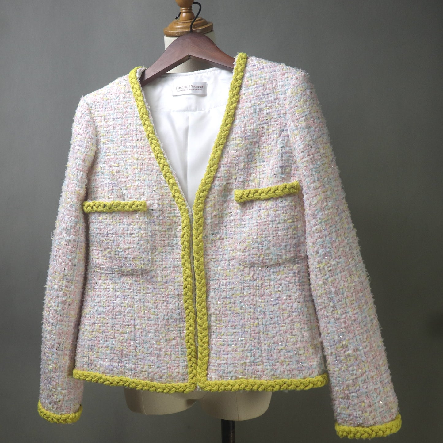 Pink Yellow Tweed Skirt Suit with Sequins