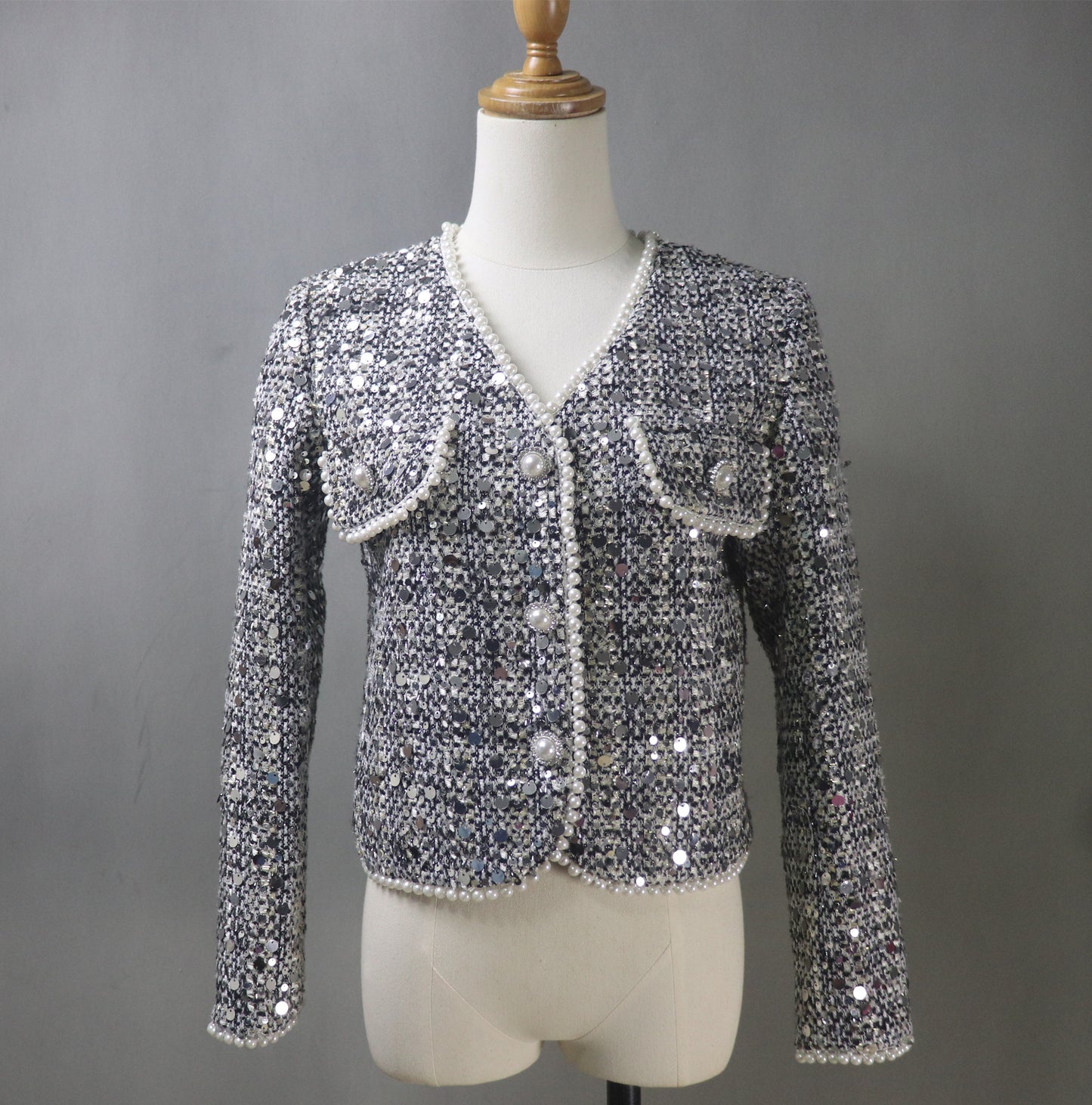 Women Grey Sequinned Jacket With Pearls / Custom Sizes