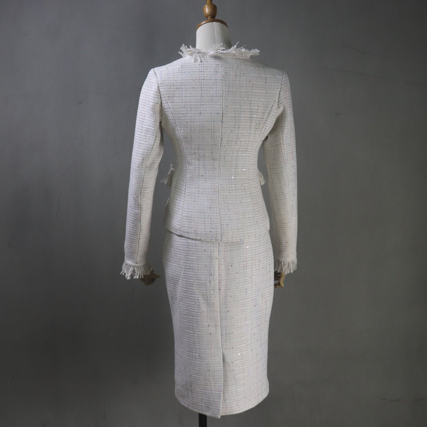 Custom Made Cream White Sequinned Tweed Skirt Suit Set, Any Size - Fashion Pioneer 