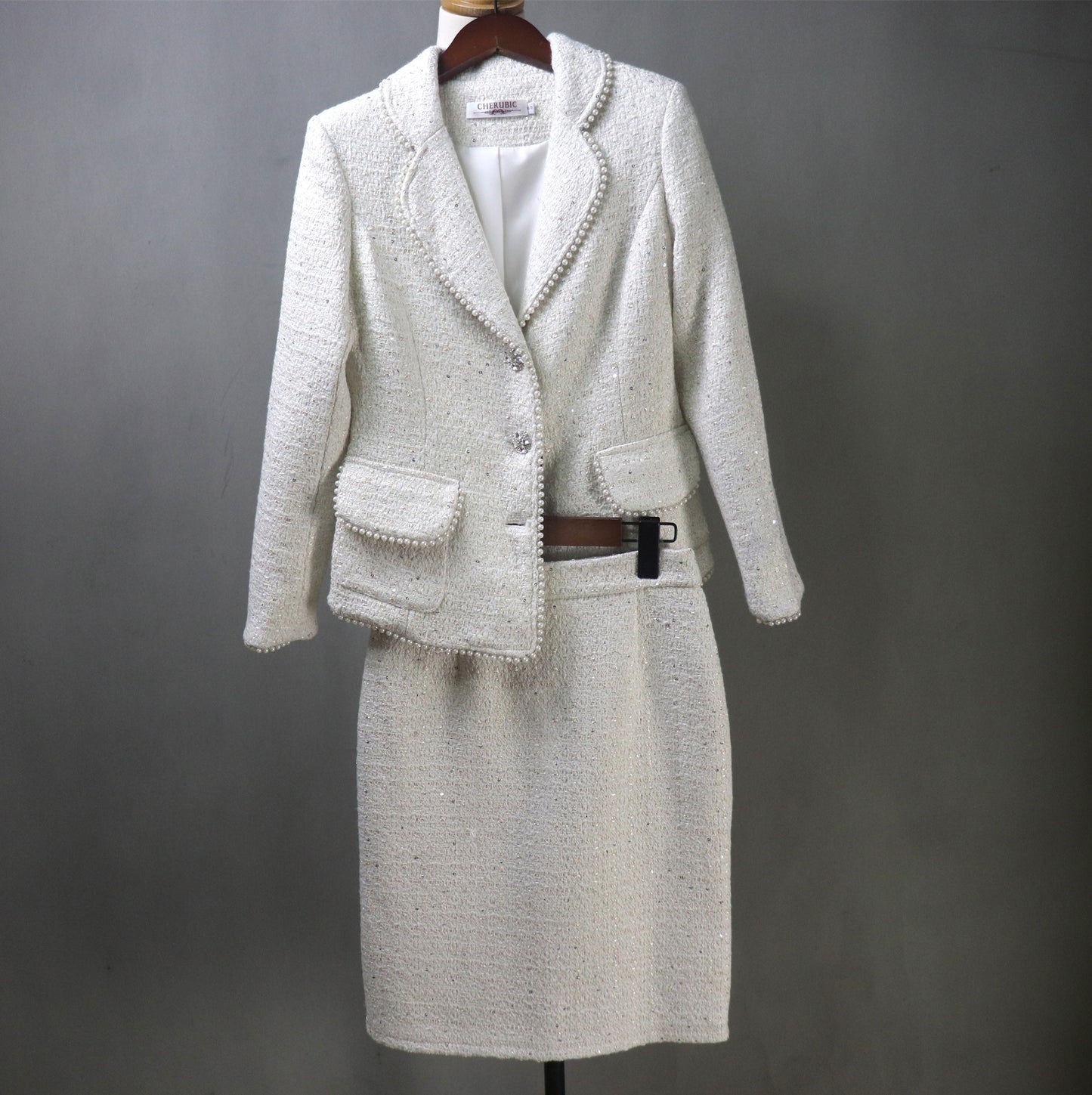 Tweed Cream White Suit With Sequins & Pearls Trim