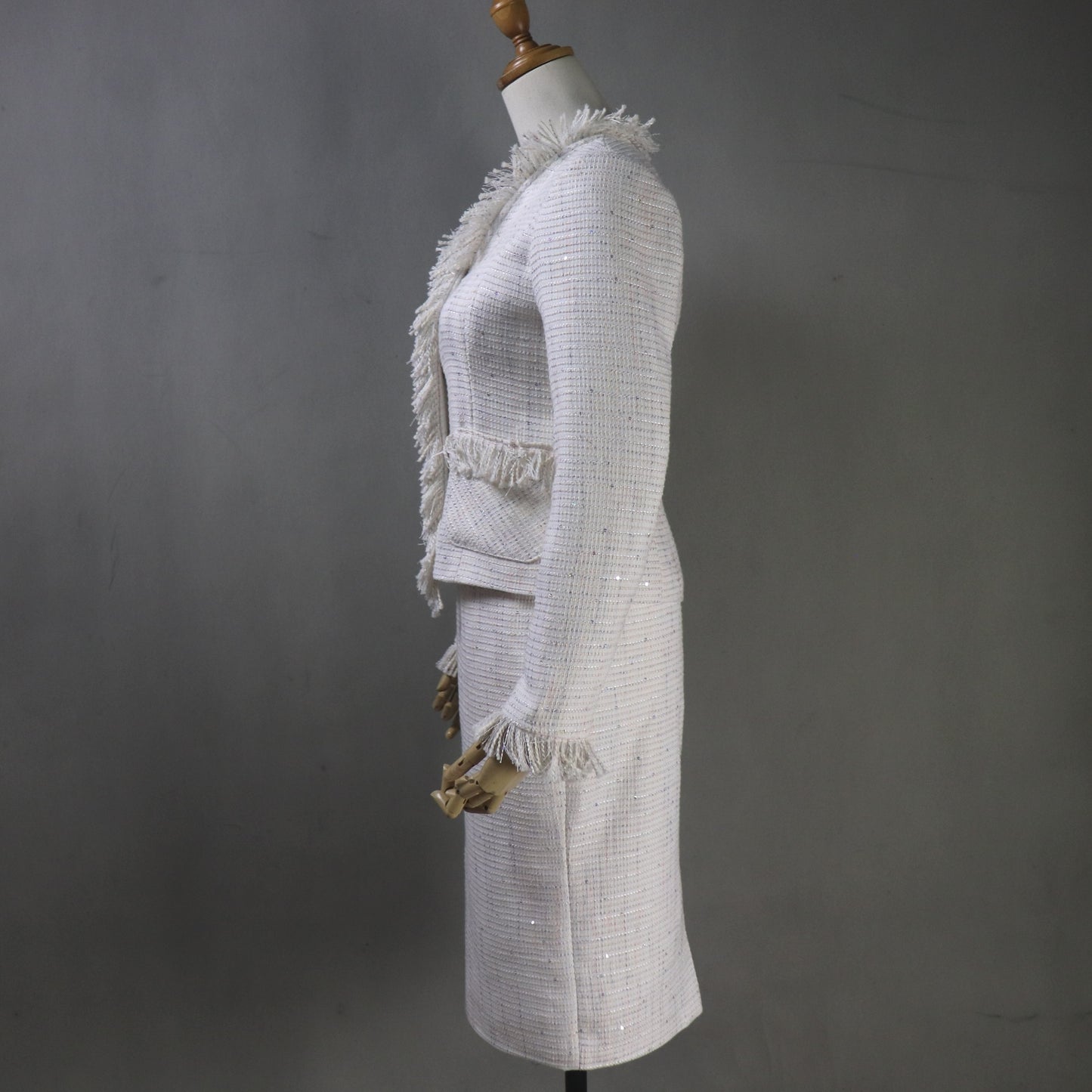 Custom Made Cream White Sequinned Tweed Skirt Suit Set, Any Size - Fashion Pioneer 