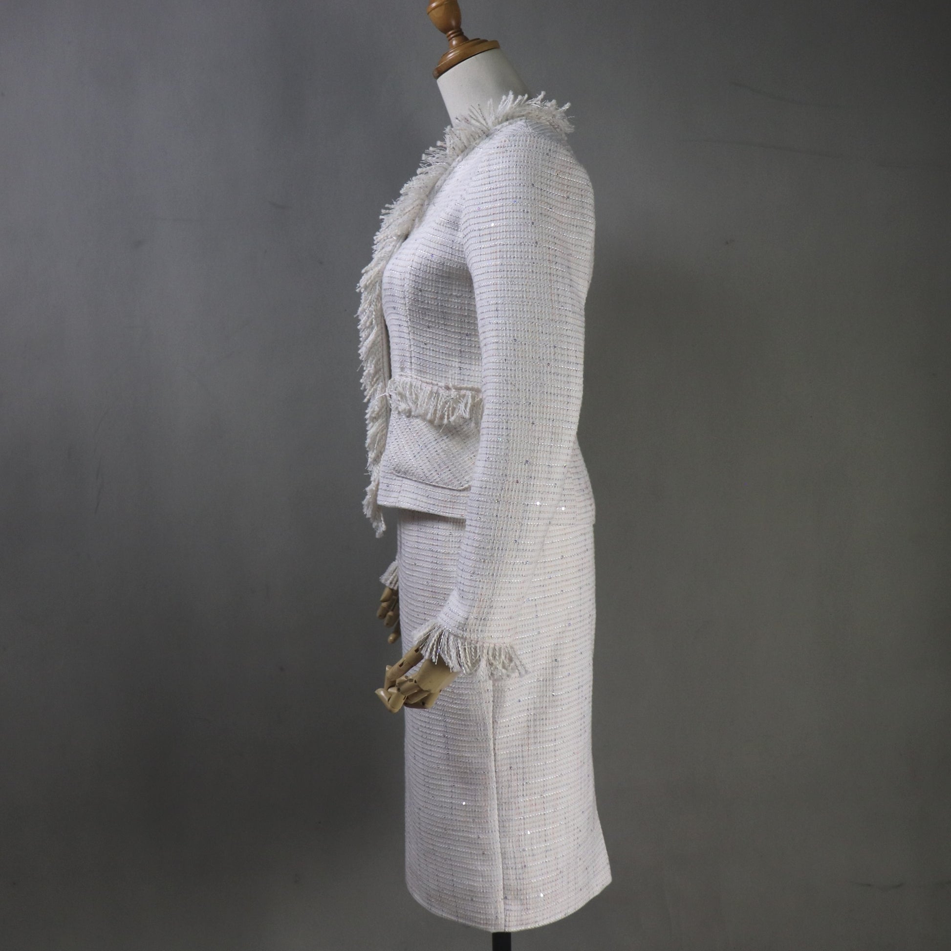 Custom Made Cream White Sequinned Tweed Skirt Suit Set, Any Size - Fashion Pioneer 