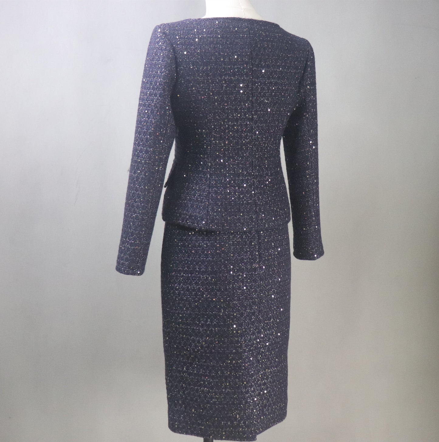 Sparkling Navy Tweed Skirt Suit with Sequins