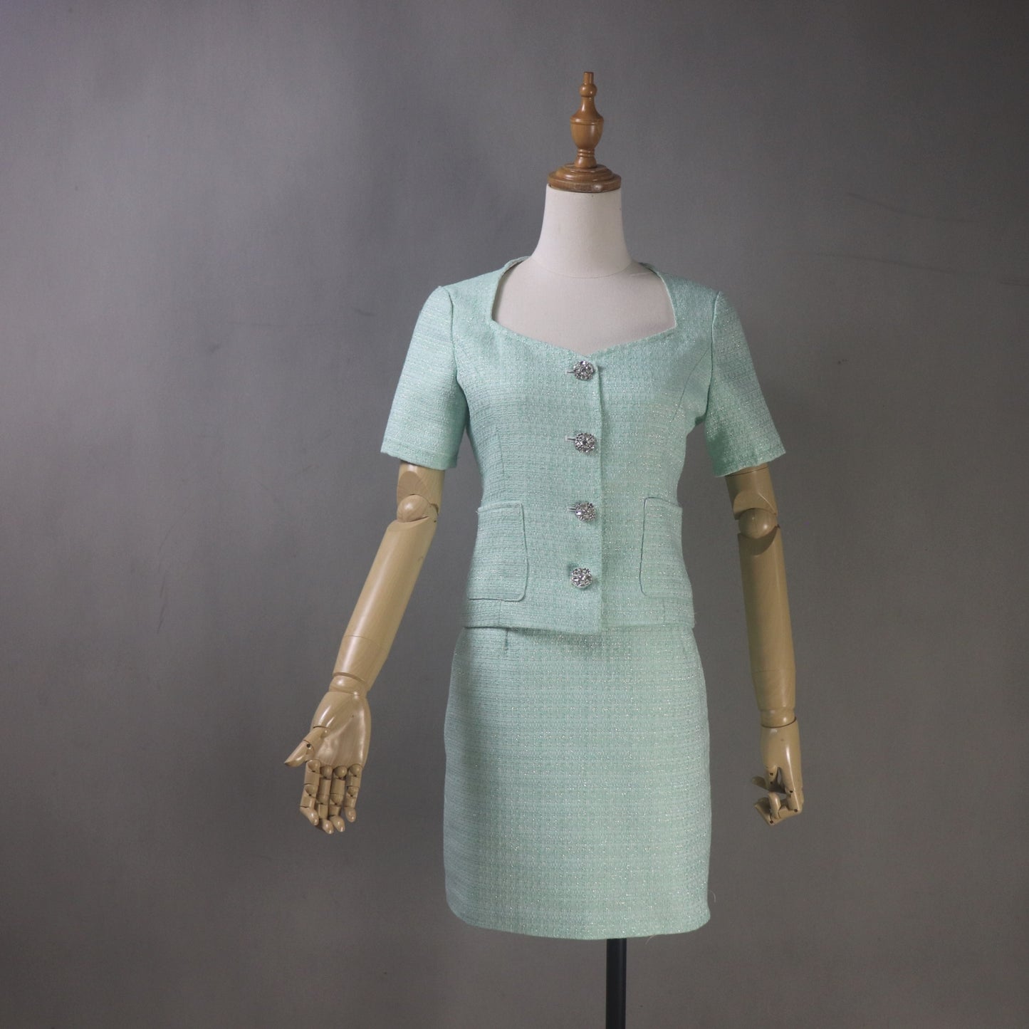 Custom Celestine Mint Green Tweed Skirt Suit Set – Any Length & Size, Spring Summer Outfit