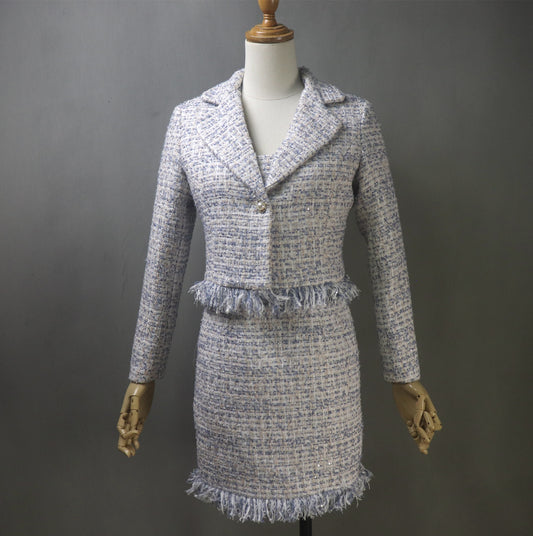 Discover timeless elegance with our bespoke Tweed Jacket Dress Suit in a stunning light blue and white mixed fabric, adorned with delicate sequins. This beautifully crafted ensemble is perfect for those who seek a blend of vintage charm and modern sophistication, ideal for any occasion from office wear to weddings and graduations.