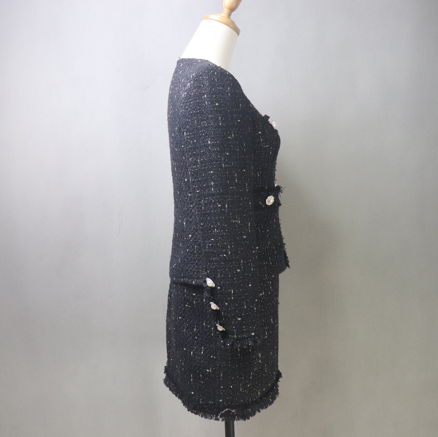 Black Tweed Skirt Suit with Golden Threads & Tassel Fringe Trim