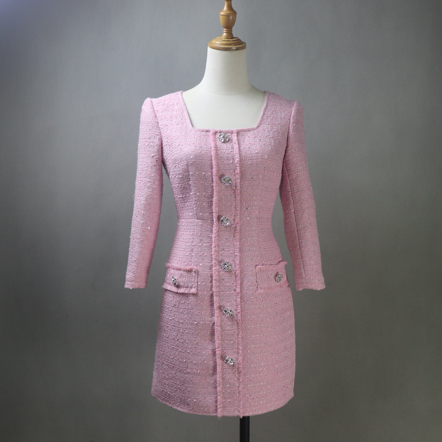 Custom Pink Tweed Dress – Made to Order Square Neck Shift with Crystal Buttons & Sequins
