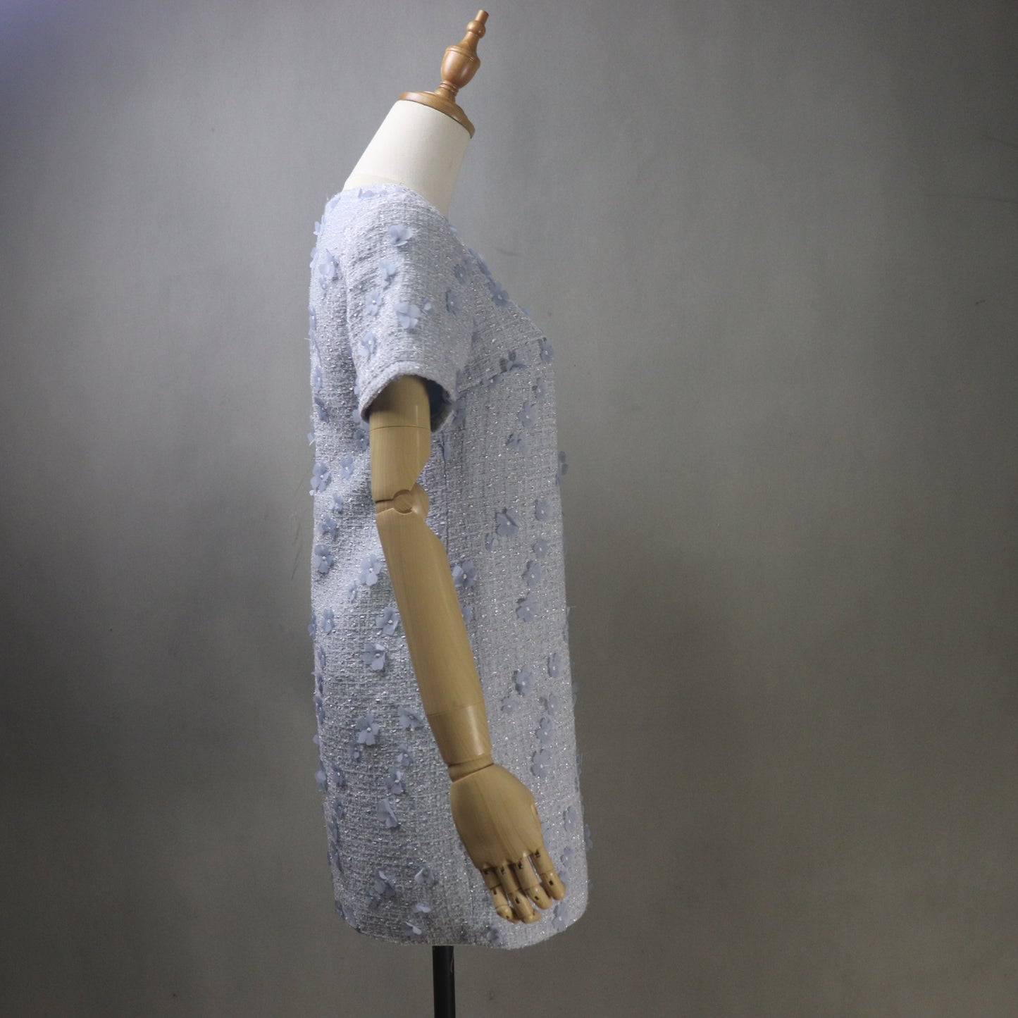 Light Blue and Pink Tweed Dress with 3D Flower Embellishments – Custom Made Mini to Midi Dress, long sleeves, Plus Sizes