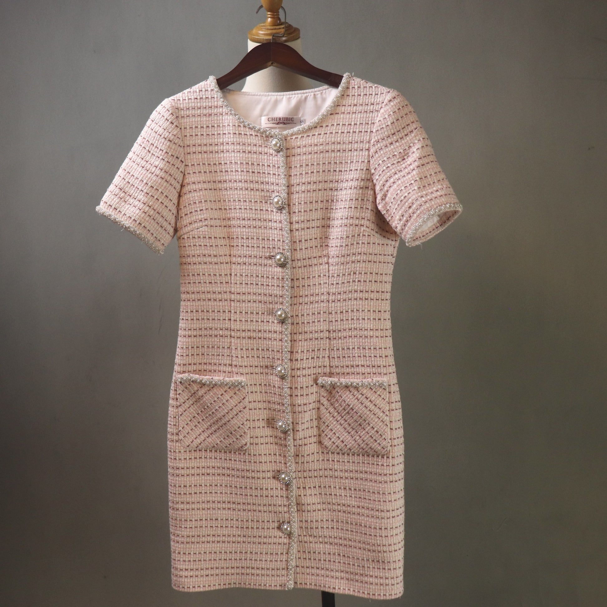 Knee length pink tweed dress with front pearl buttons and textured fabric, custom made women’s dress available in any size and length
