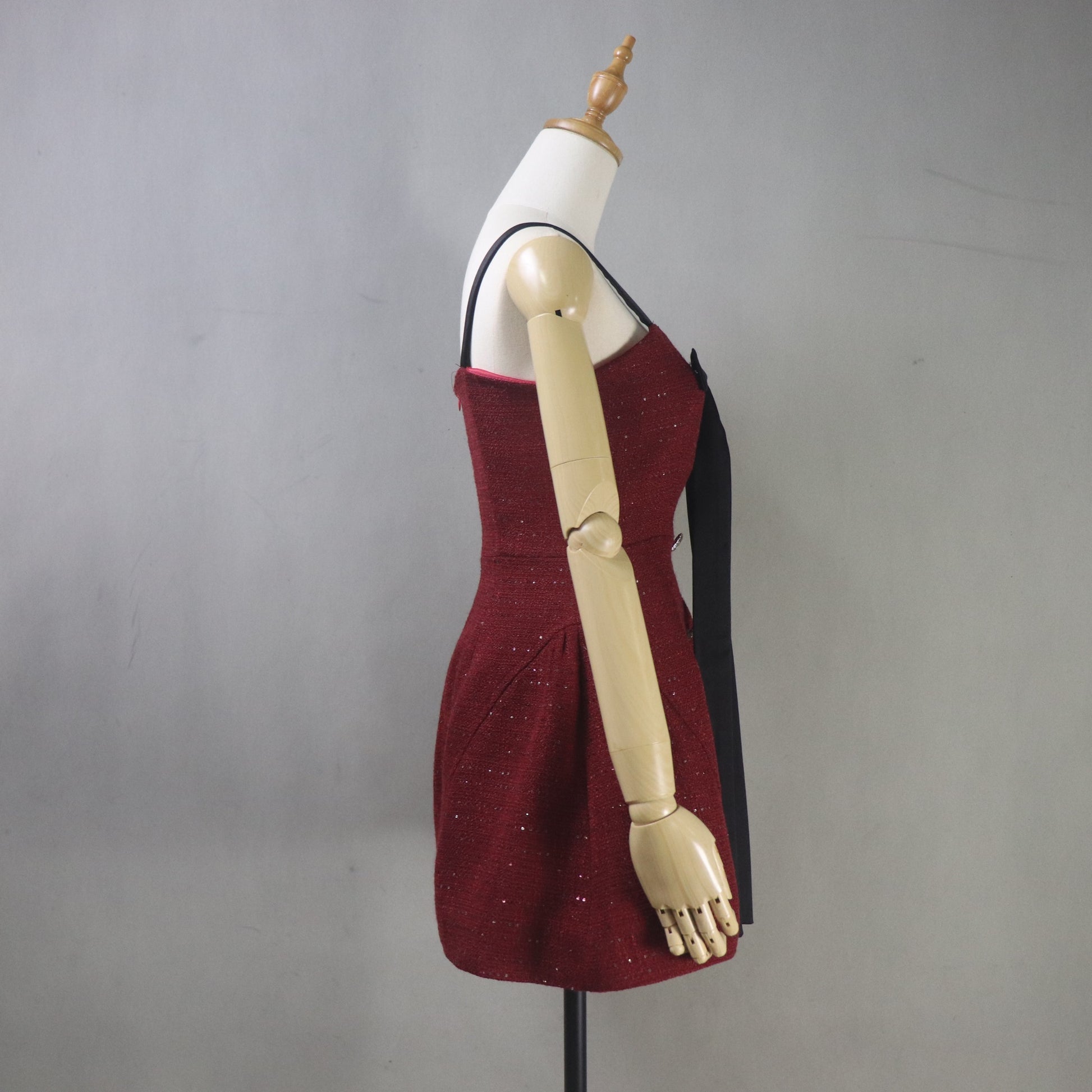 Burgundy Mini Dress with Black Bow, Sparkly Corset Dress – Any length, Spring Summer Event - Fashion Pioneer 