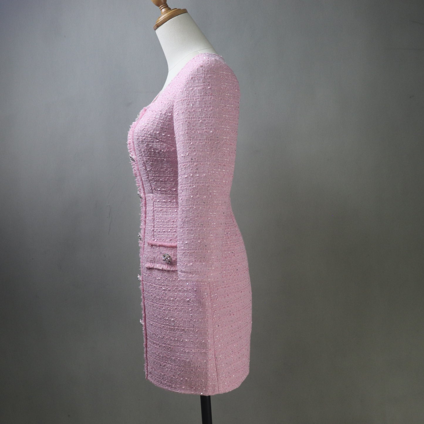 Custom Pink Tweed Dress – Made to Order Square Neck Shift with Crystal Buttons & Sequins