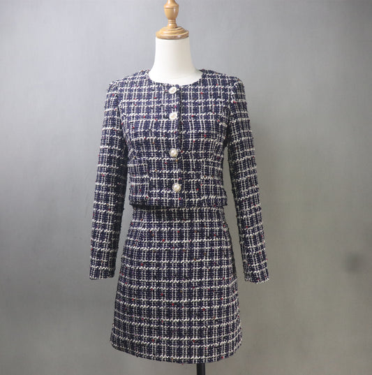 Custom Made Checked Suit Tweed Crop Jacket + Skirt Navy Suit