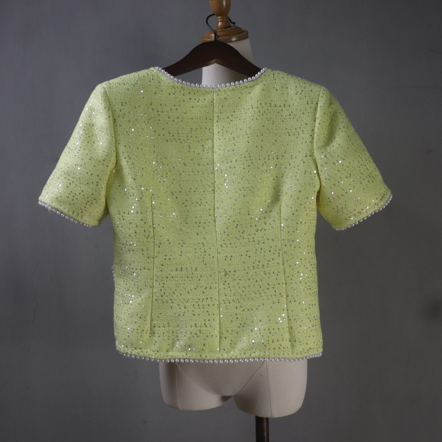 Custom Yellow Tweed Suit Set, Pearl Trim Sequin Jacket Skirt - Fashion Pioneer 