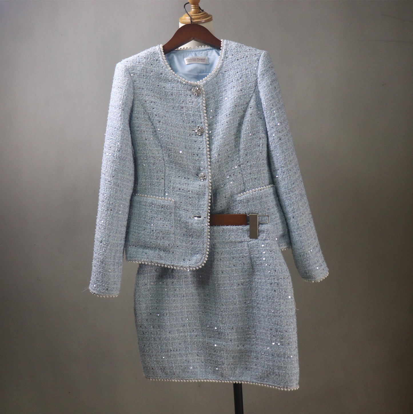 Bespoke Blue Tweed Skirt Suit With Pearls & Sequins
