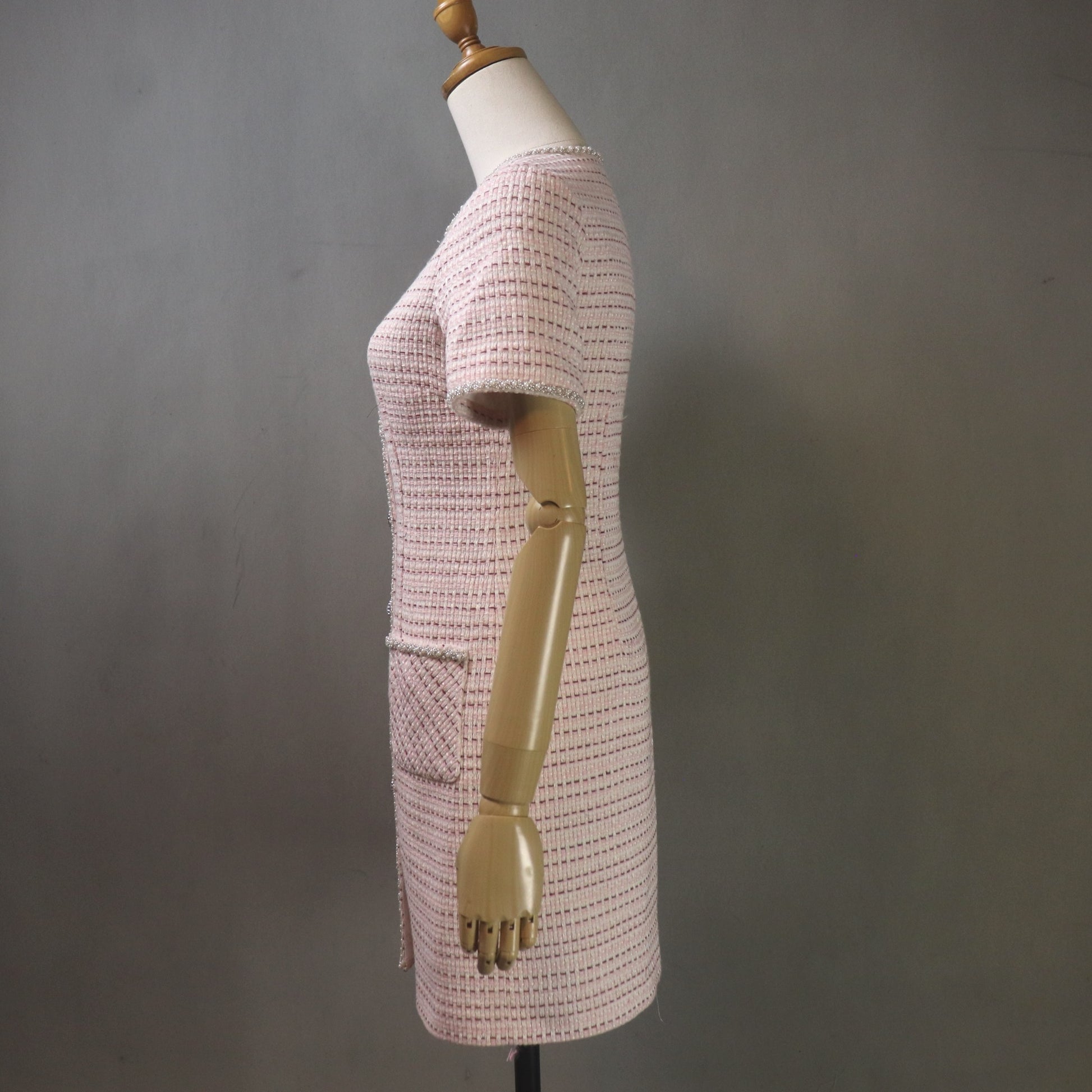 Custom Pink Tweed Dress with Pearl Buttons – Mini to Midi Length, Any Size - Fashion Pioneer 
