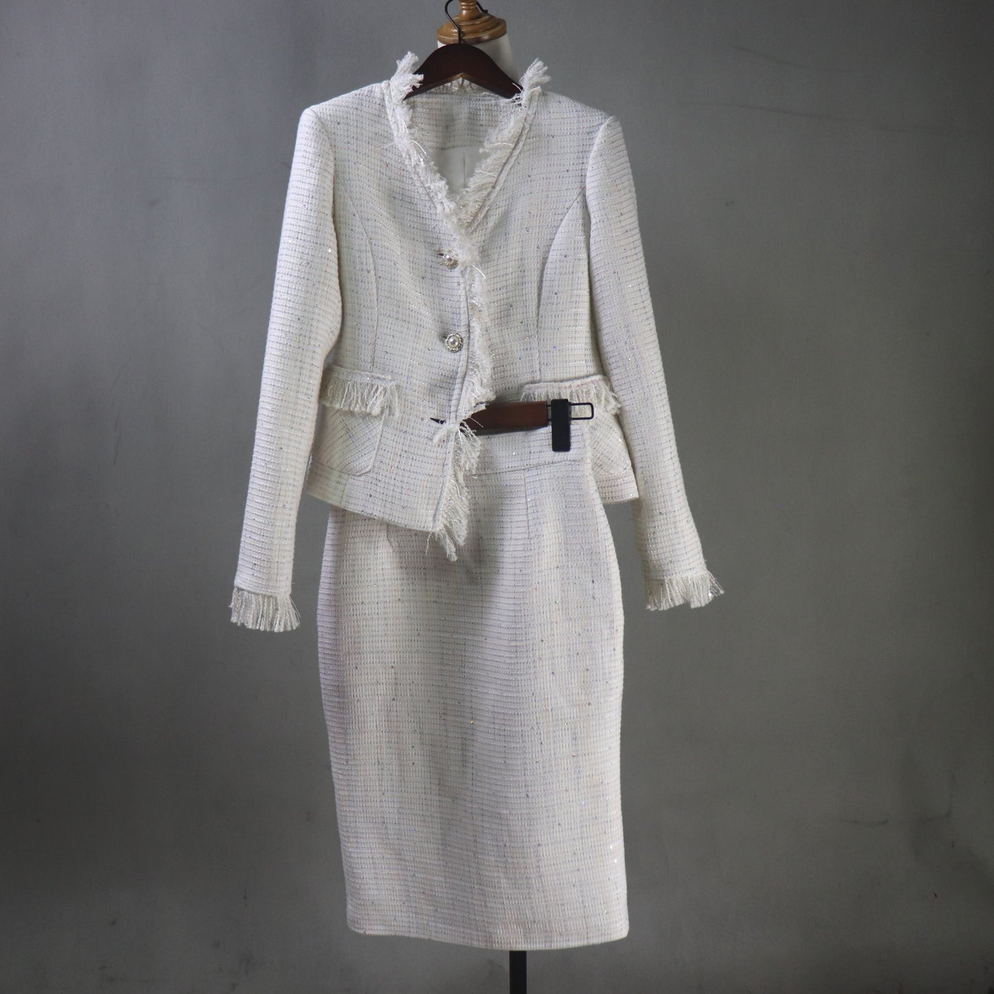 Custom Made Cream White Sequinned Tweed Skirt Suit Set, Any Size - Fashion Pioneer 