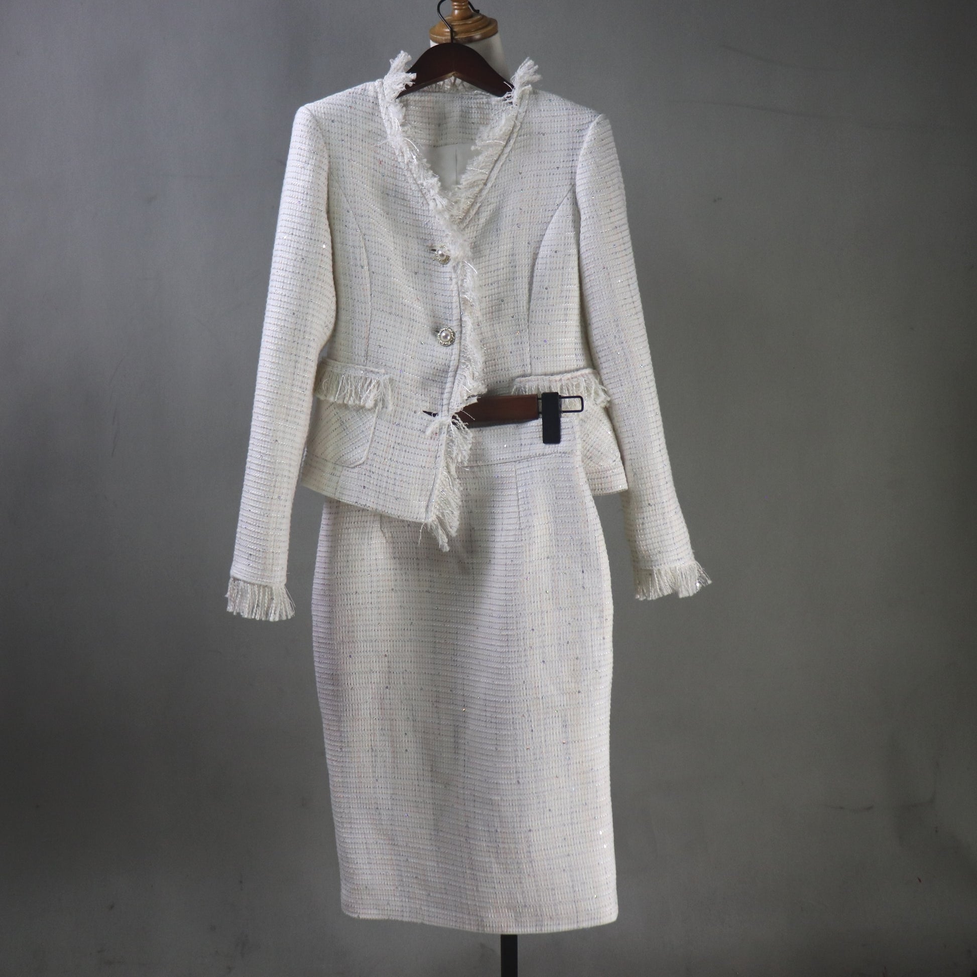 Custom Made Cream White Sequinned Tweed Skirt Suit Set, Any Size - Fashion Pioneer 