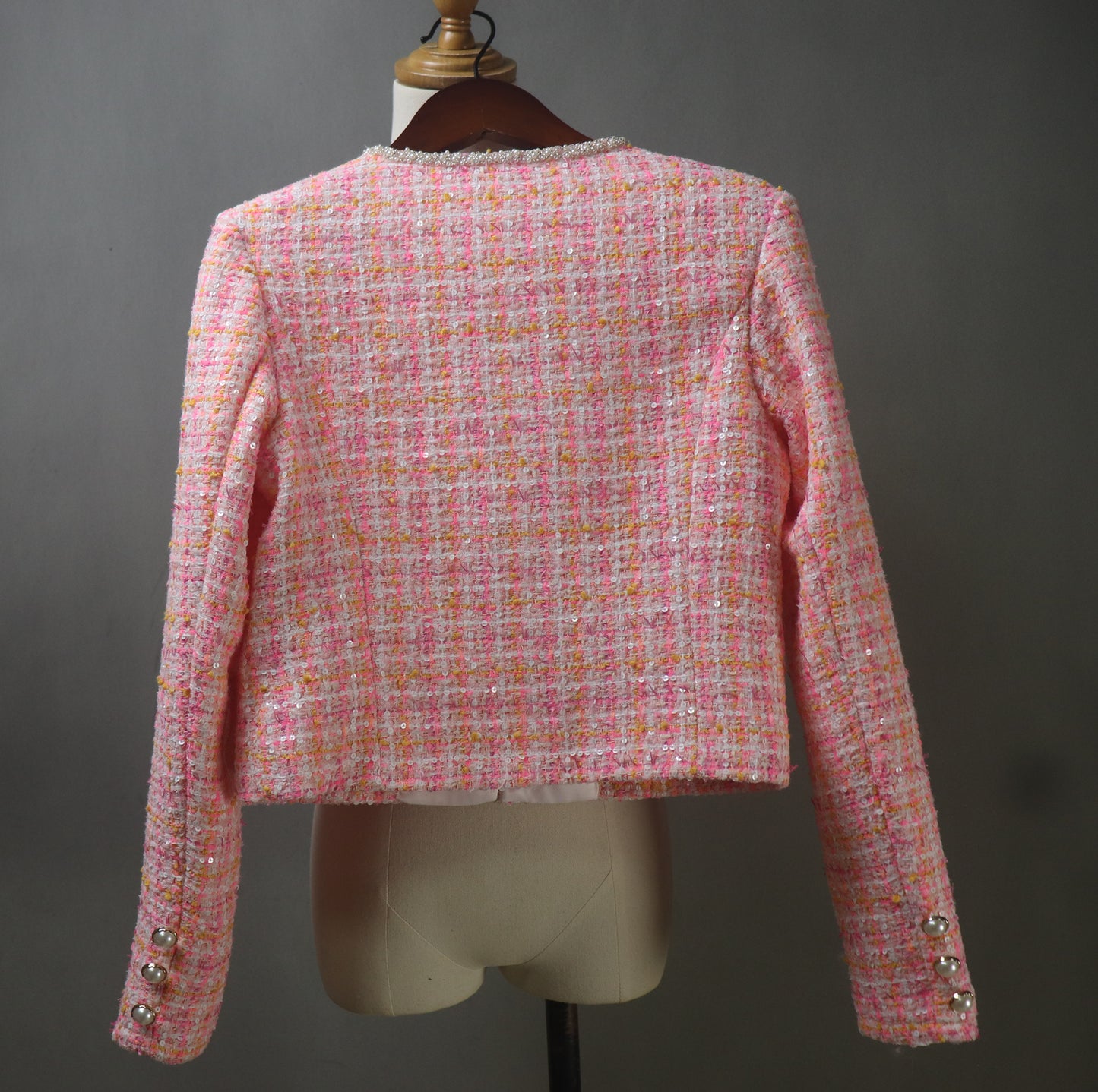 Pink Tweed Suit with Checked Pattern and Sequins