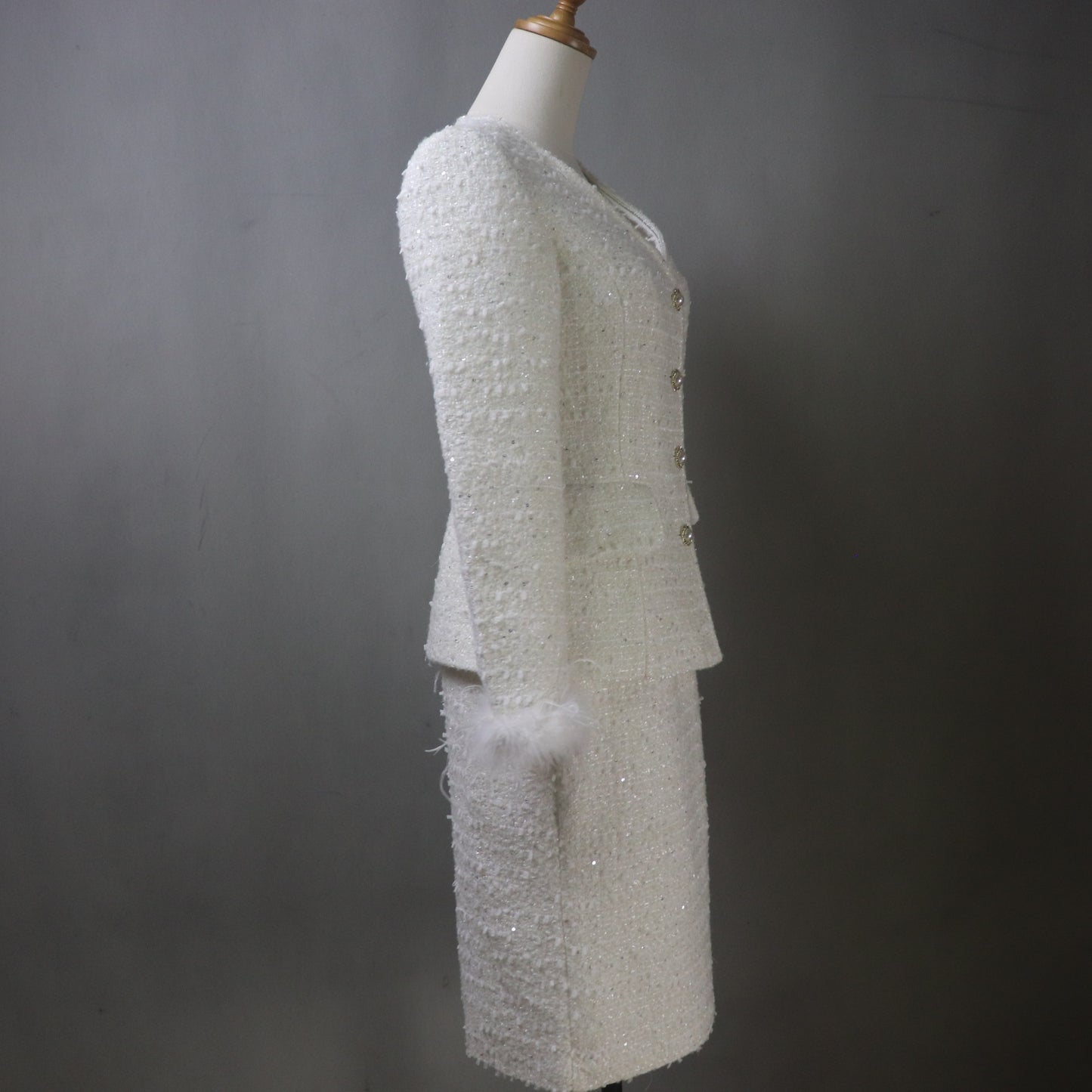White Tweed Skirt Suit: Feather Cuffs, Sequin Jacket, Custom Fit