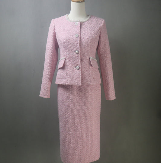 Pink Tweed Long Skirt Suit with Pearl Trim & Buttons