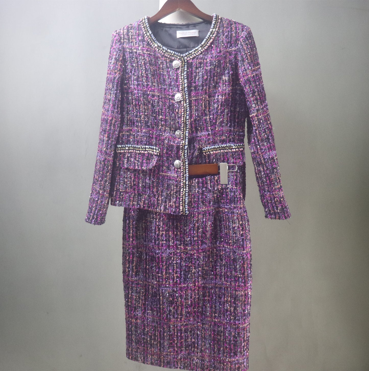 Purple Tweed Long Skirt Suit / Custom Made / Plus size Suit