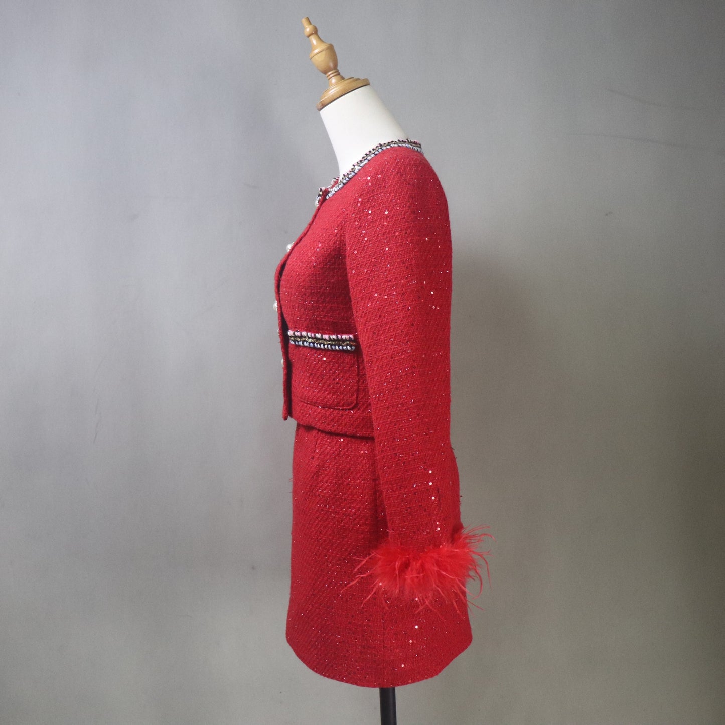 Red Sequin Tweed Skirt Suit with Feather Cuffs – Custom Handmade Women’s Two-Piece Outfit