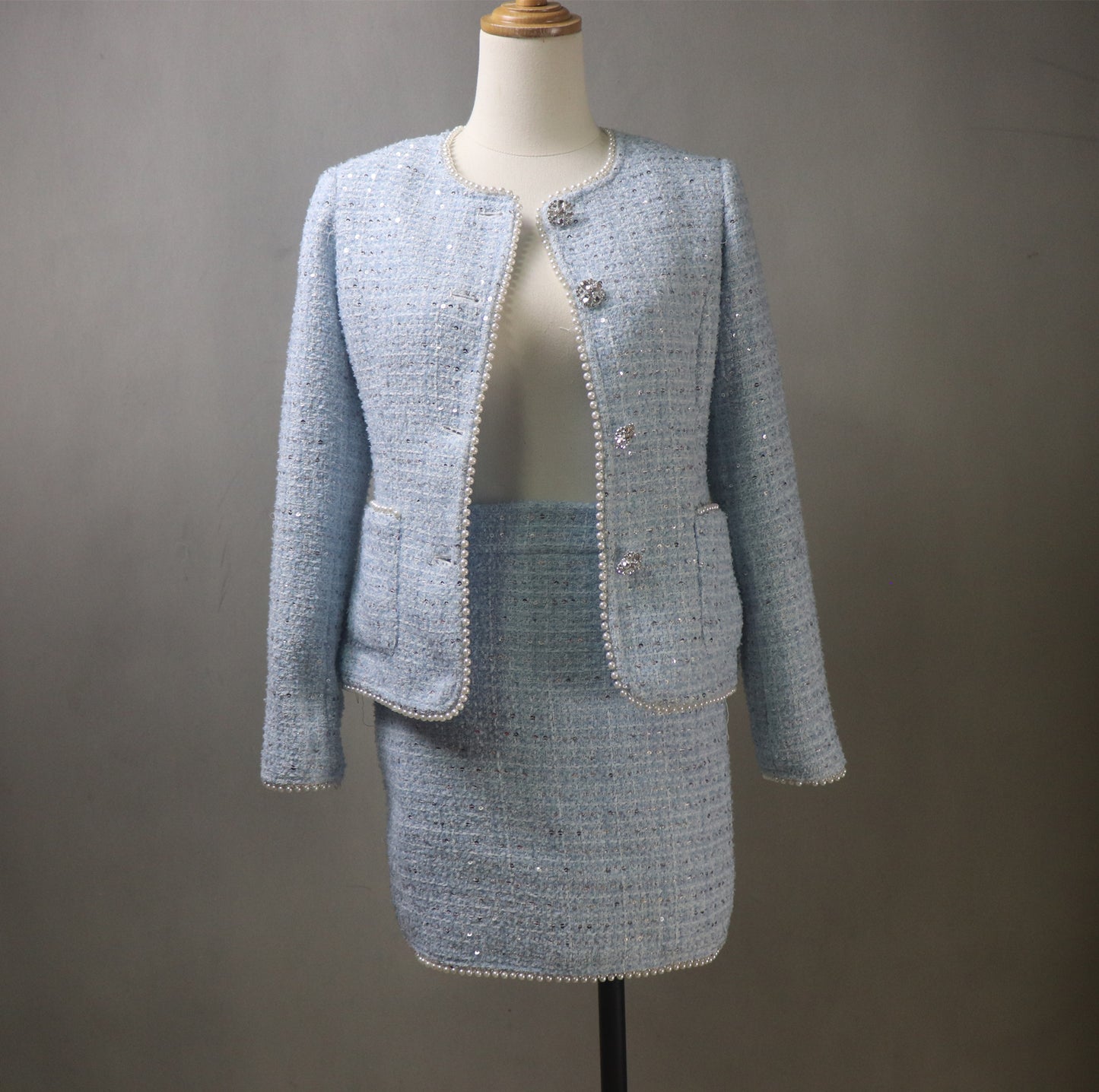 Bespoke Blue Tweed Skirt Suit With Pearls & Sequins
