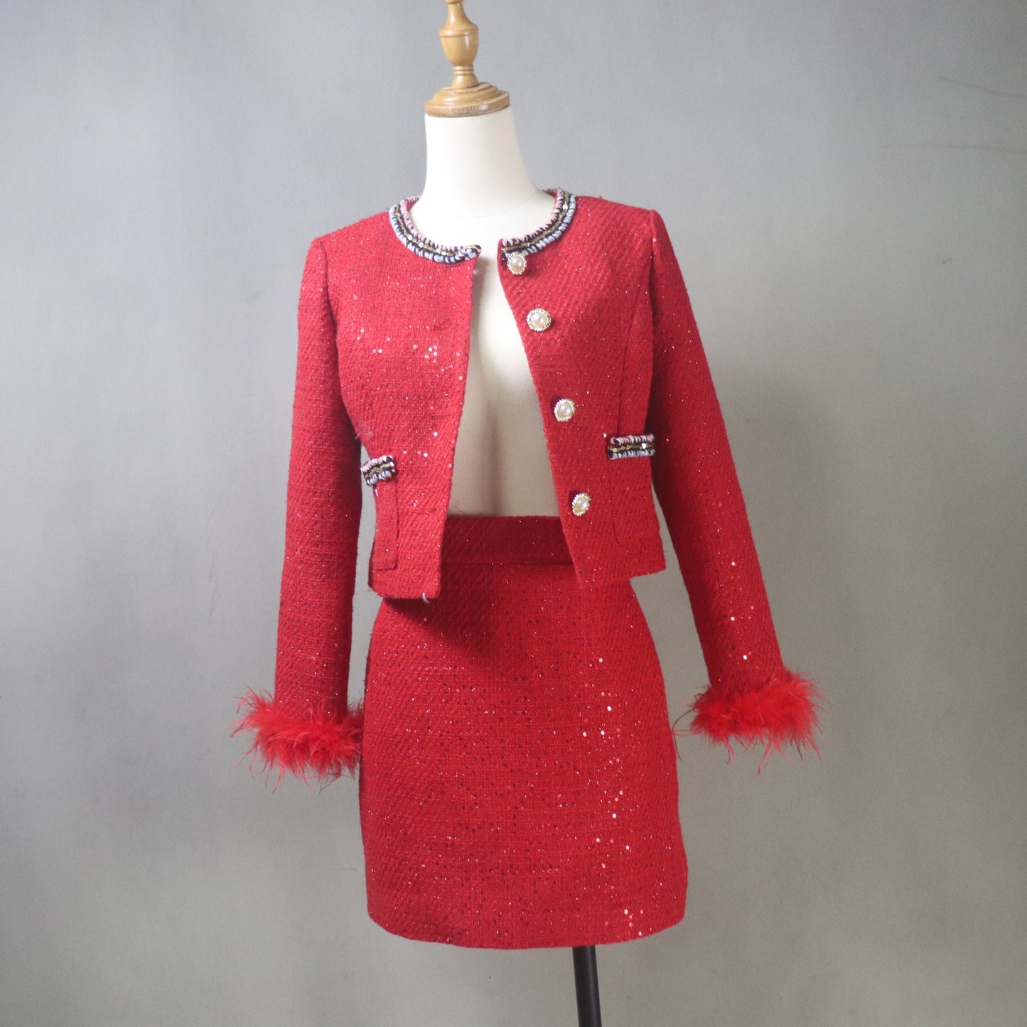 Red Sequin Tweed Skirt Suit with Feather Cuffs – Custom Handmade Women’s Two-Piece Outfit