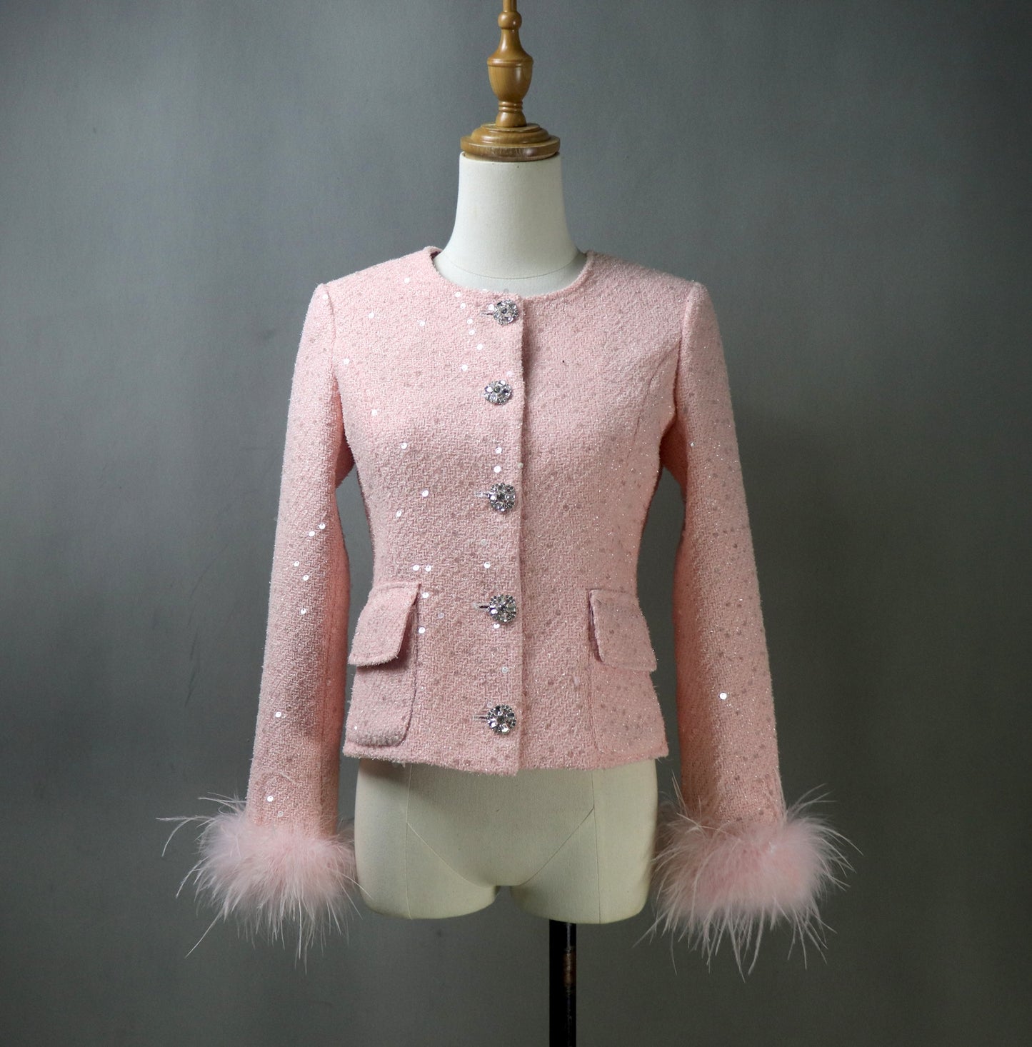 Women Pink Sequinned Jacket  With Faux Fur Trim