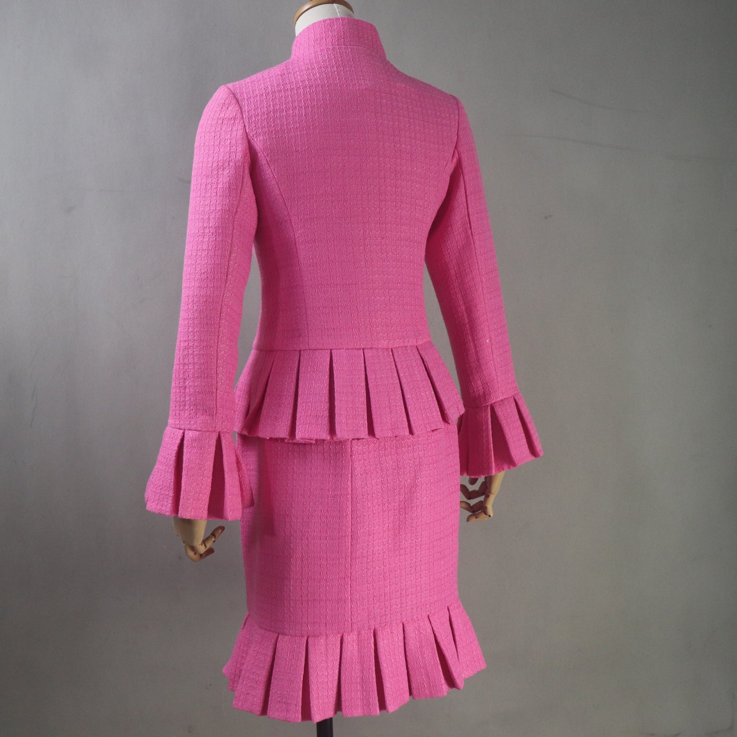 Custom Made Hot Pink Tweed Skirt Suit, Women's Tailored Peplum Jacket, Pleated Skirt