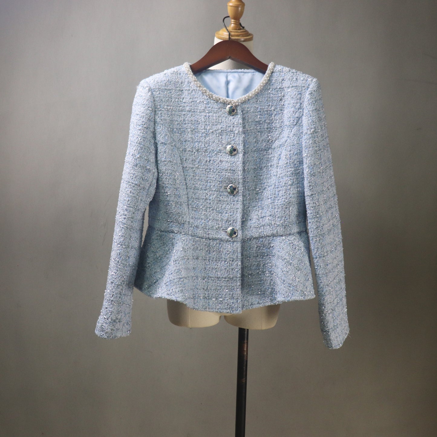 Blue Tweed Midi Skirt Suit with Pearls & Sparkle