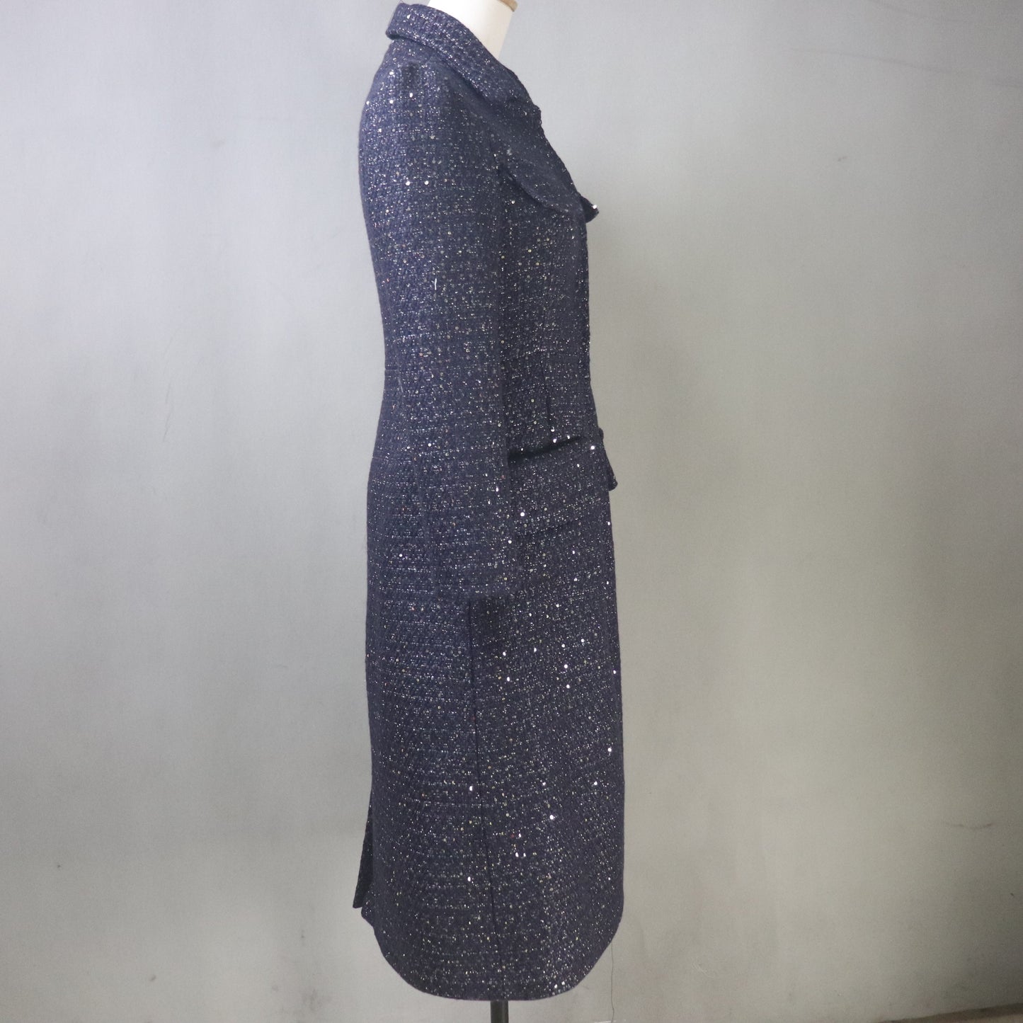 Navy Sequinned Tweed Dress and Long Coat Set, Made-to-Measure, Any length