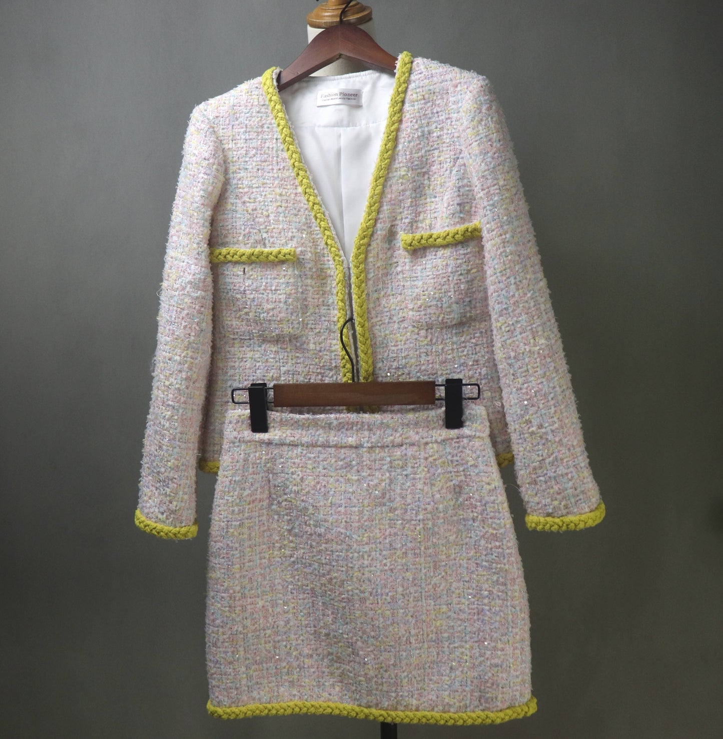 Pink Yellow Tweed Skirt Suit with Sequins